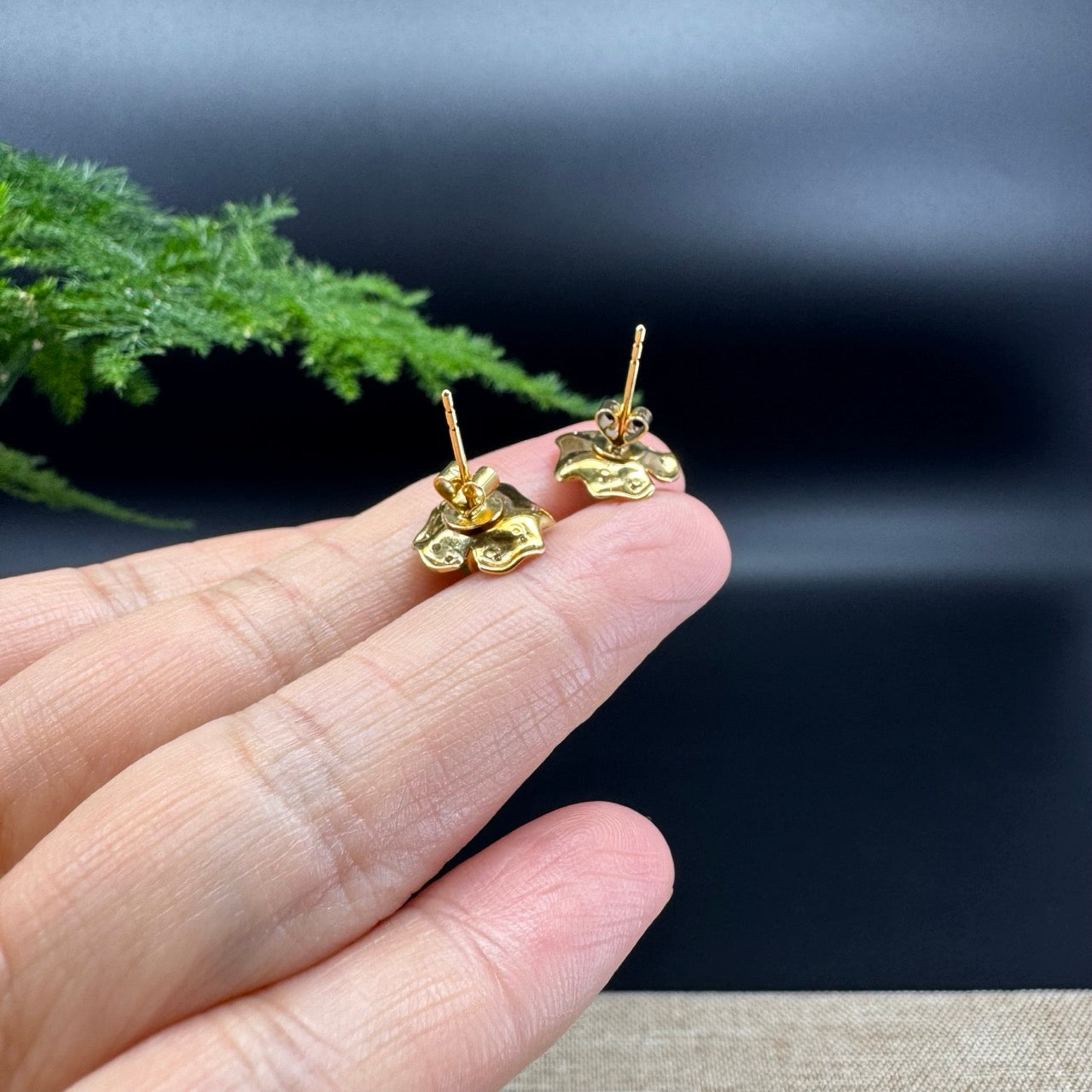 18k Yellow Gold Green Jadeite Jade 'Lotus Leaf' Stud Earrings with Diamonds