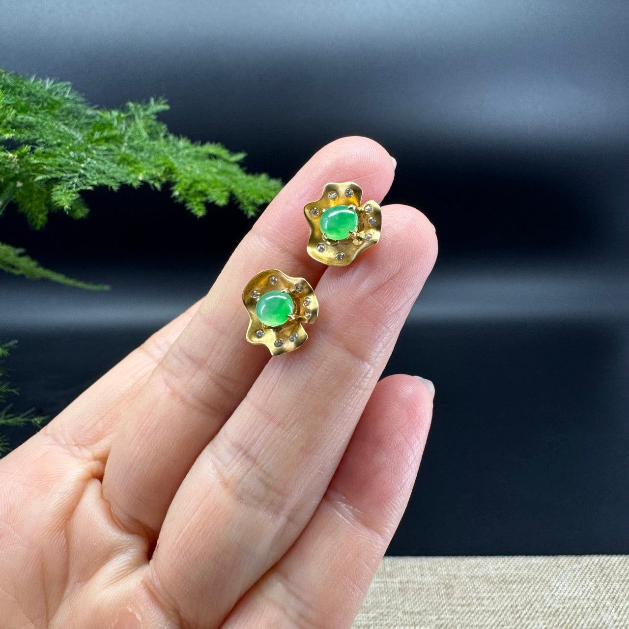 18k Yellow Gold Green Jadeite Jade 'Lotus Leaf' Stud Earrings with Diamonds