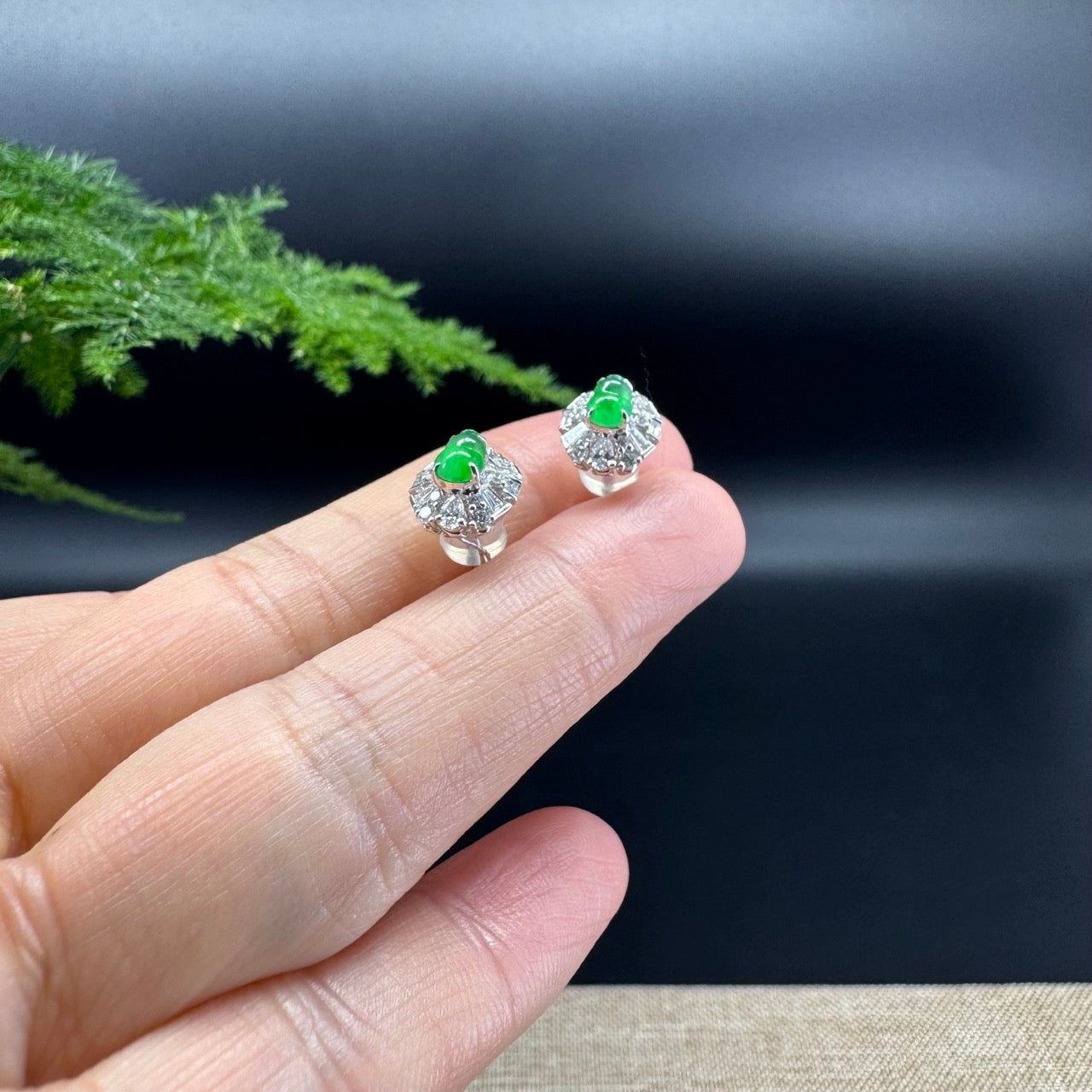 RealJade® 18k White Gold Imperial Green Jade Hulu Stud Earrings with Diamonds