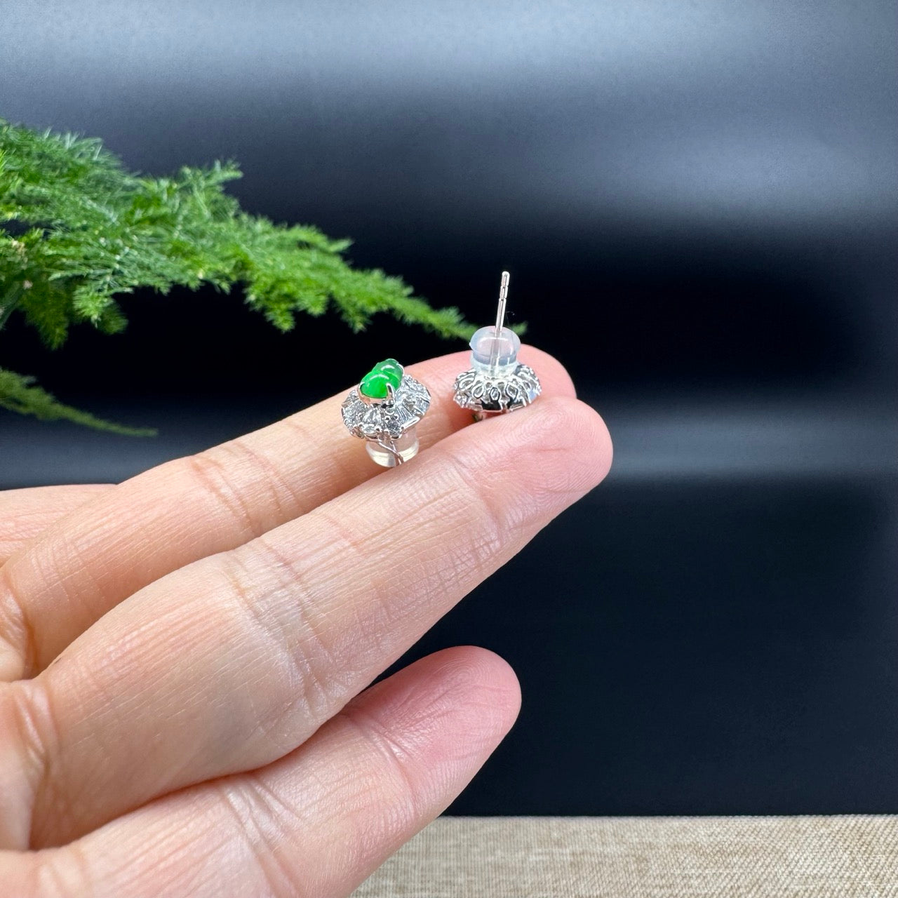 RealJade® 18k White Gold Imperial Green Jade Hulu Stud Earrings with Diamonds