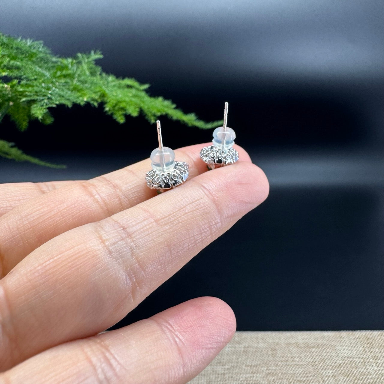 RealJade® 18k White Gold Imperial Green Jade Hulu Stud Earrings with Diamonds