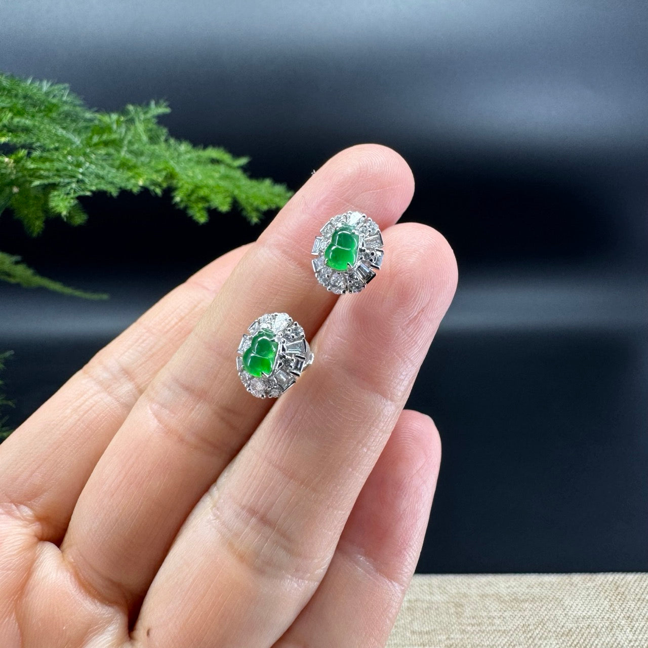 RealJade® 18k White Gold Imperial Green Jade Hulu Stud Earrings with Diamonds