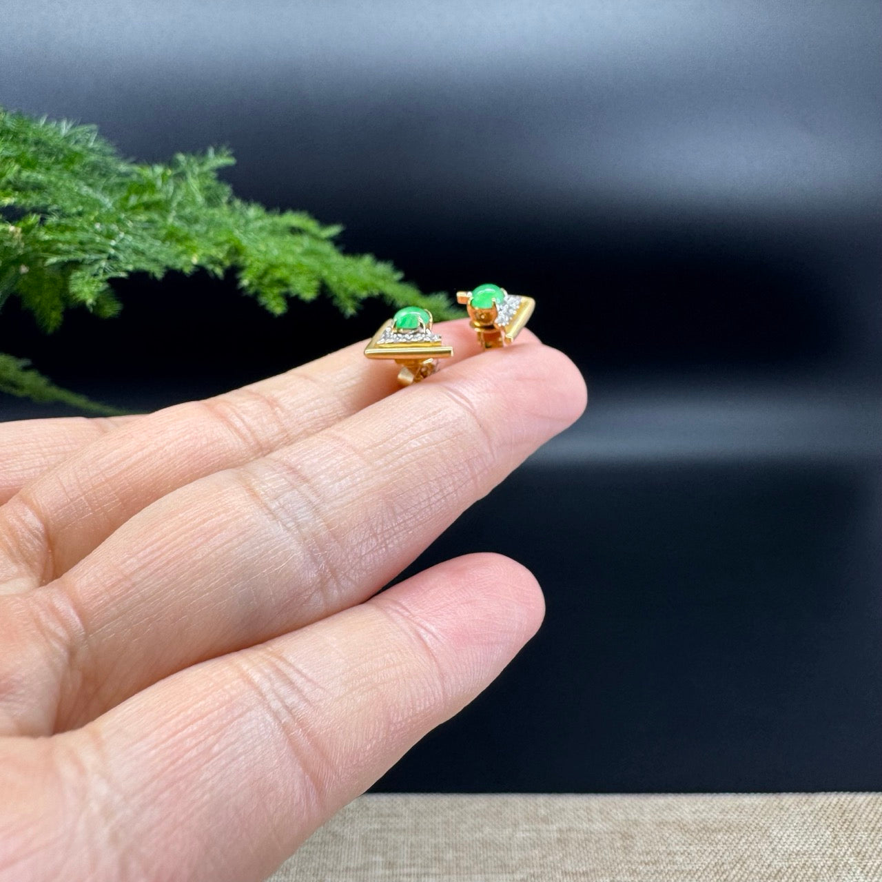 RealJade® 18k Yellow Gold Green Jadeite Jade Stud Earrings with Diamonds