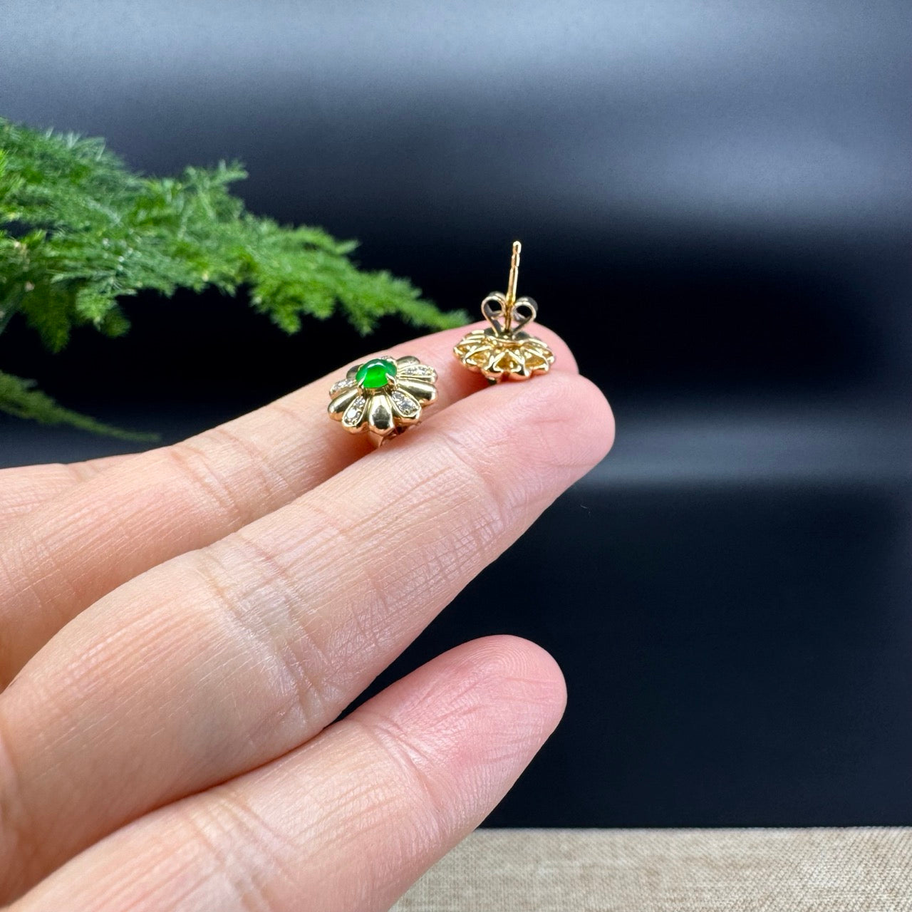 RealJade® 18k Yellow Gold Classic Imperial Green Jade Flower Stud Earrings with Diamonds