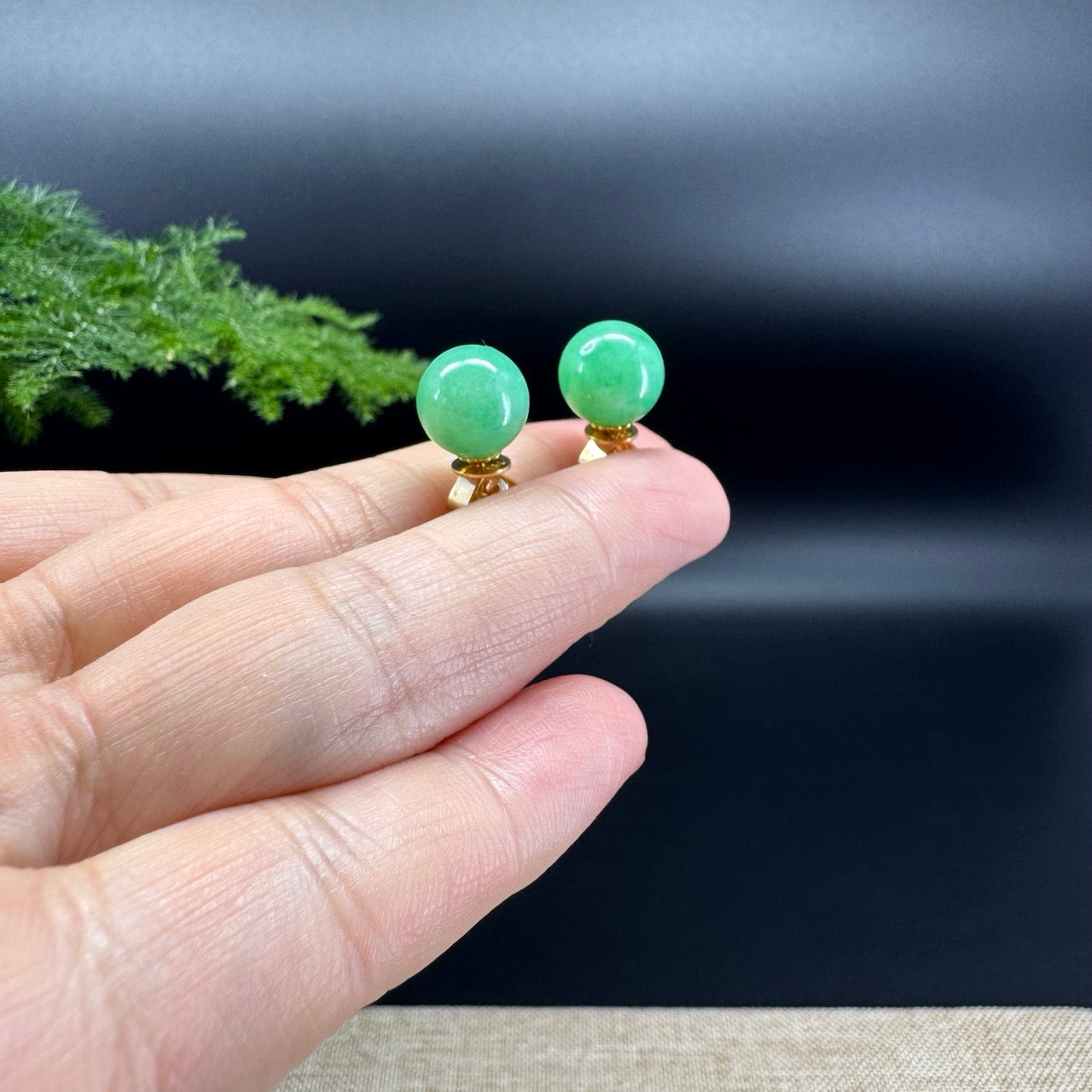 RealJade® 18k Yellow Gold Classic Real Green Jade Beads Emerald Stud Earrings