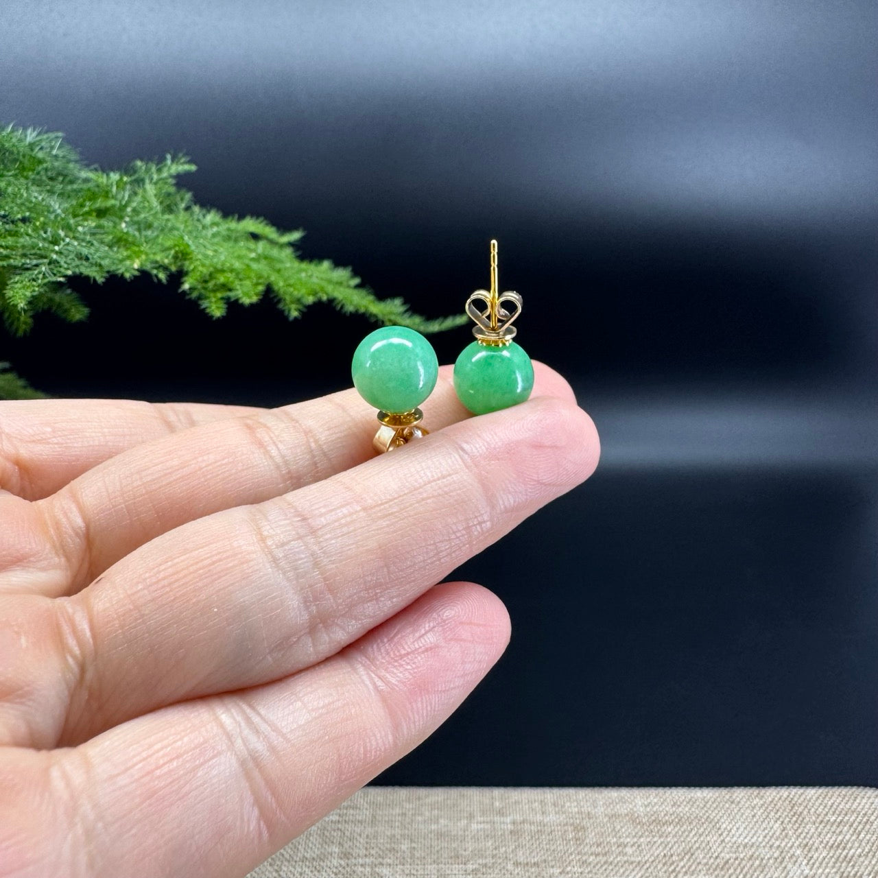 RealJade® 18k Yellow Gold Classic Real Green Jade Beads Emerald Stud Earrings