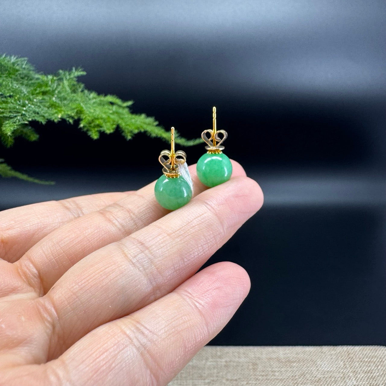 RealJade® 18k Yellow Gold Classic Real Green Jade Beads Emerald Stud Earrings
