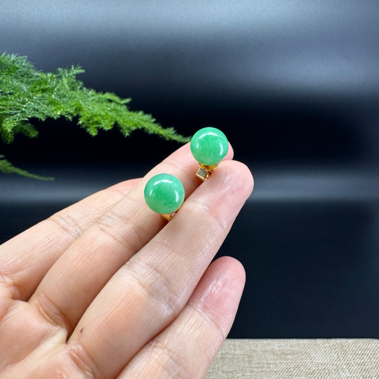 RealJade® 18k Yellow Gold Classic Real Green Jade Beads Emerald Stud Earrings
