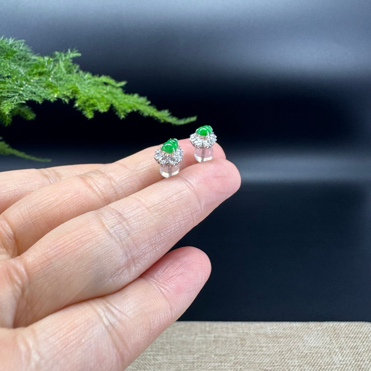 RealJade® 18k White Gold Classic Imperial Green Jade Hulu With Diamonds Stud Earrings