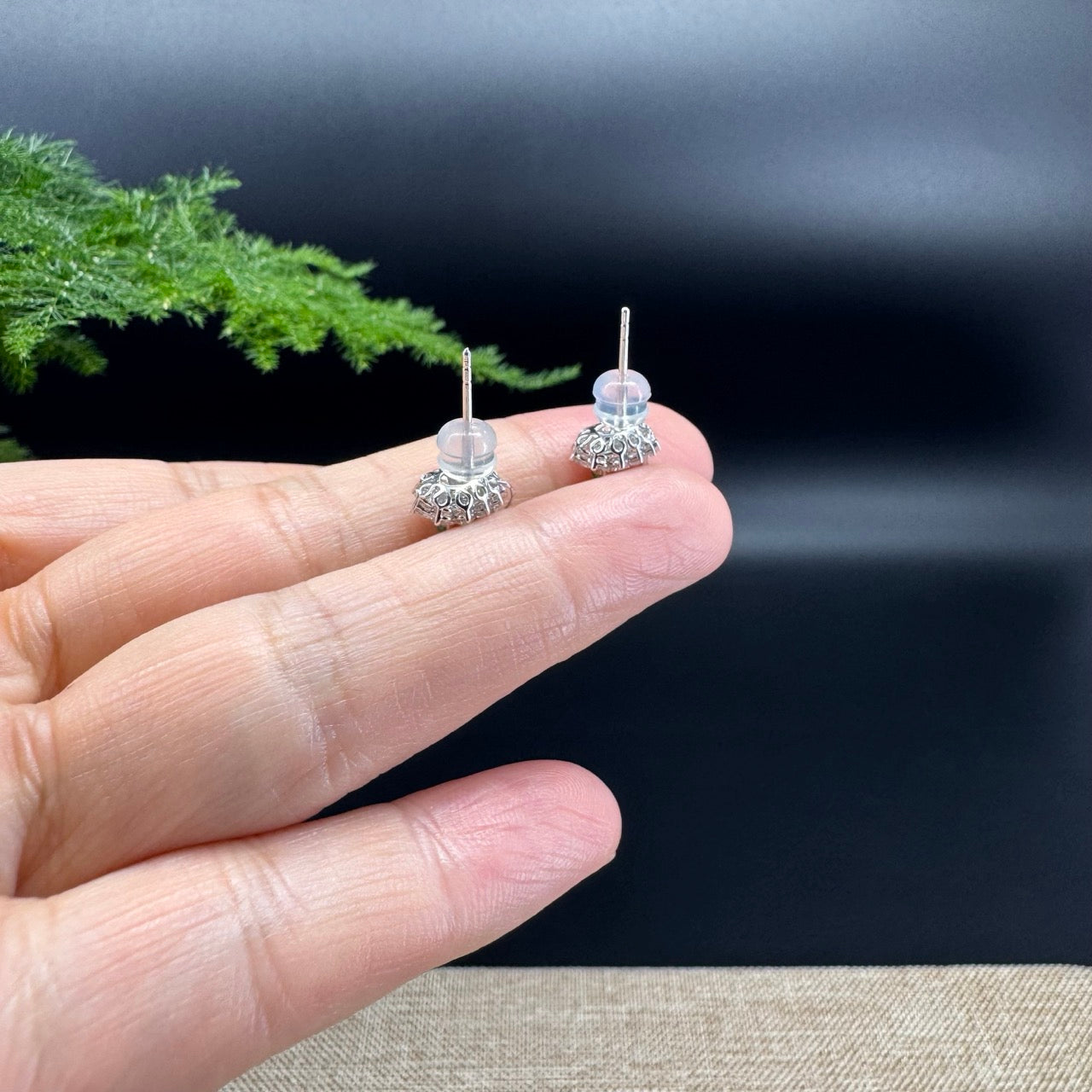RealJade® 18k White Gold Classic Imperial Green Jade Hulu With Diamonds Stud Earrings