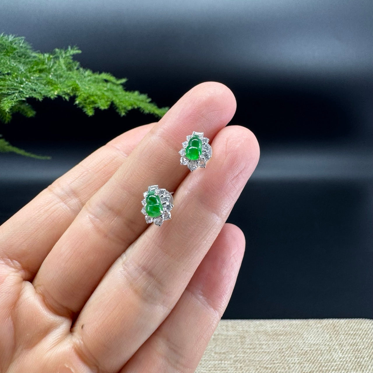 RealJade® 18k White Gold Classic Imperial Green Jade Hulu With Diamonds Stud Earrings