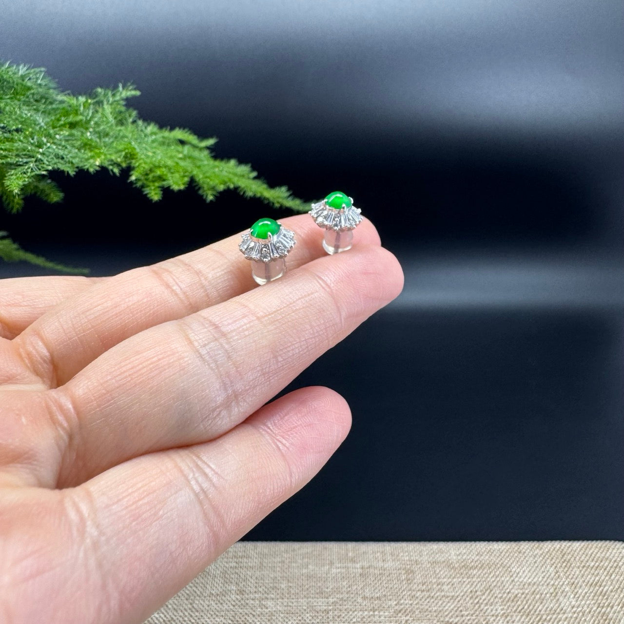 RealJade® 18k White Gold Classic Imperial Green Jade 'Sunflower' Stud Earrings with Diamonds