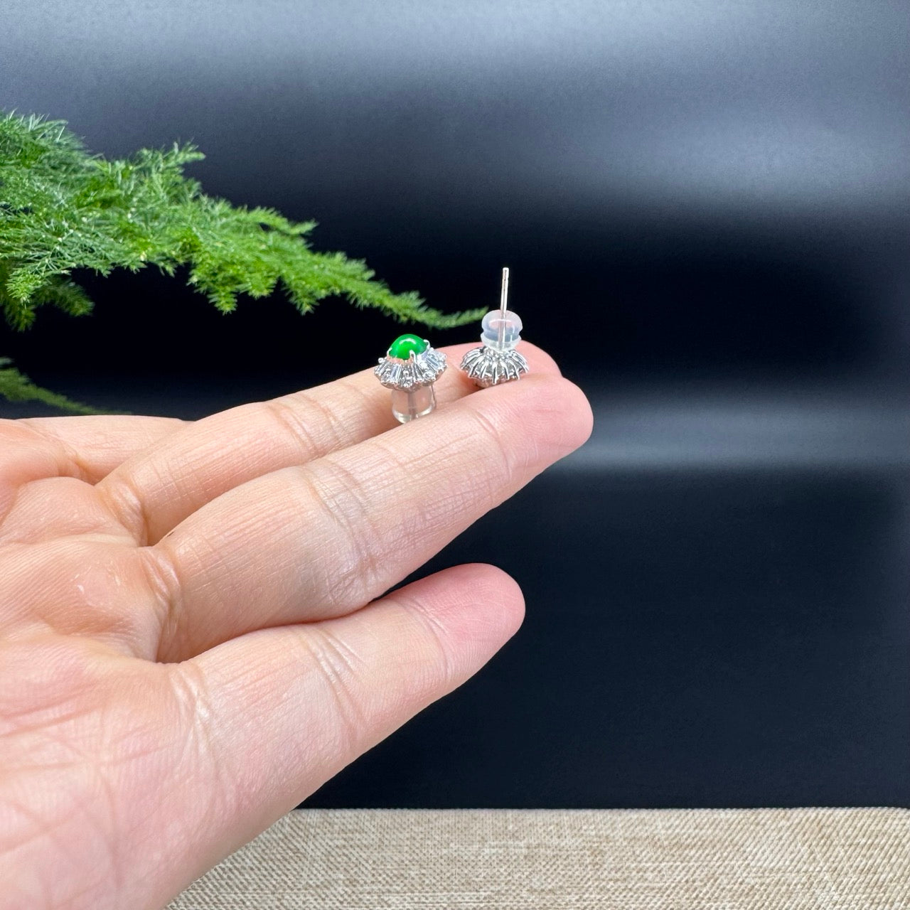 RealJade® 18k White Gold Classic Imperial Green Jade 'Sunflower' Stud Earrings with Diamonds