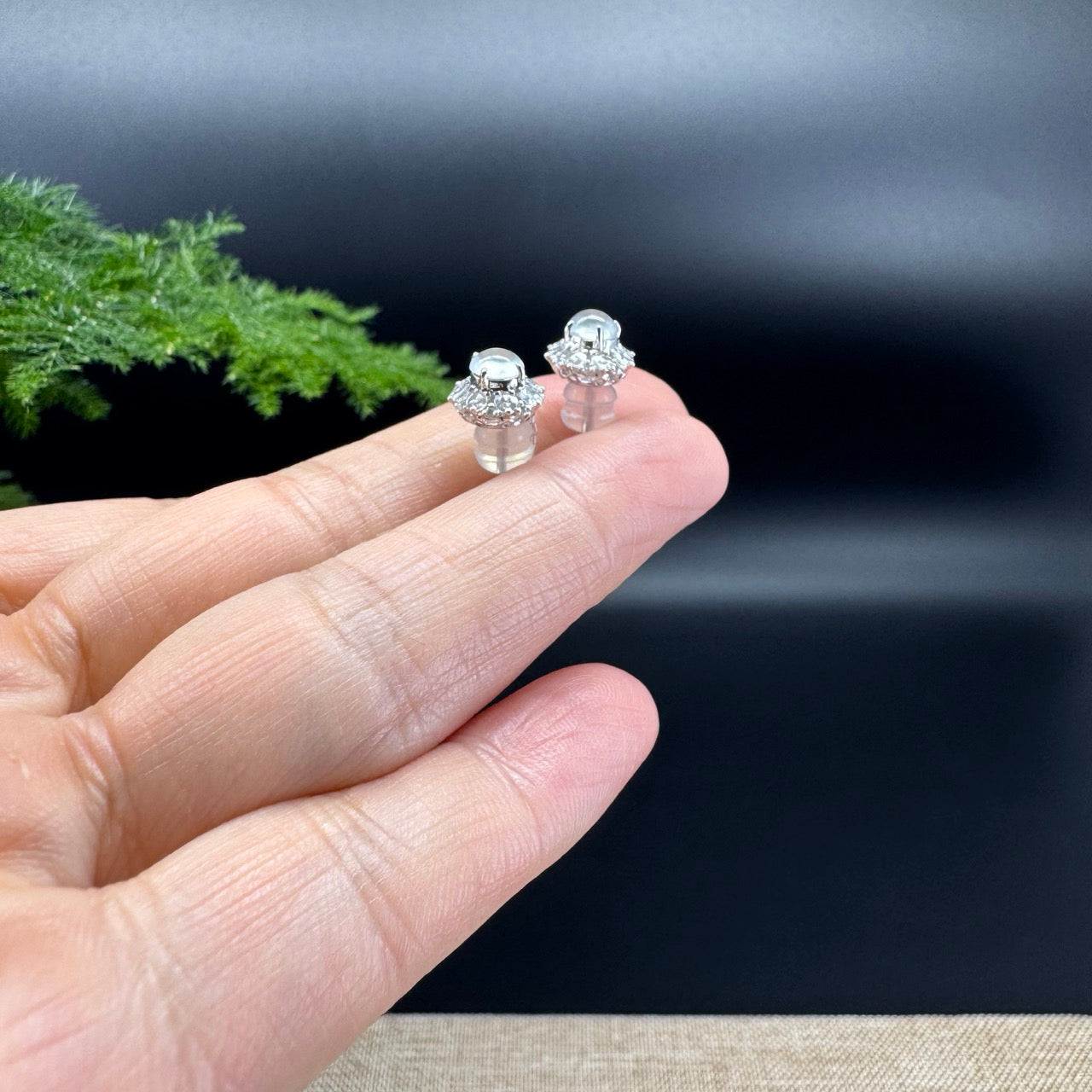 RealJade® 18k White Gold Icy Jadeite Jade Stud Earrings With Diamonds