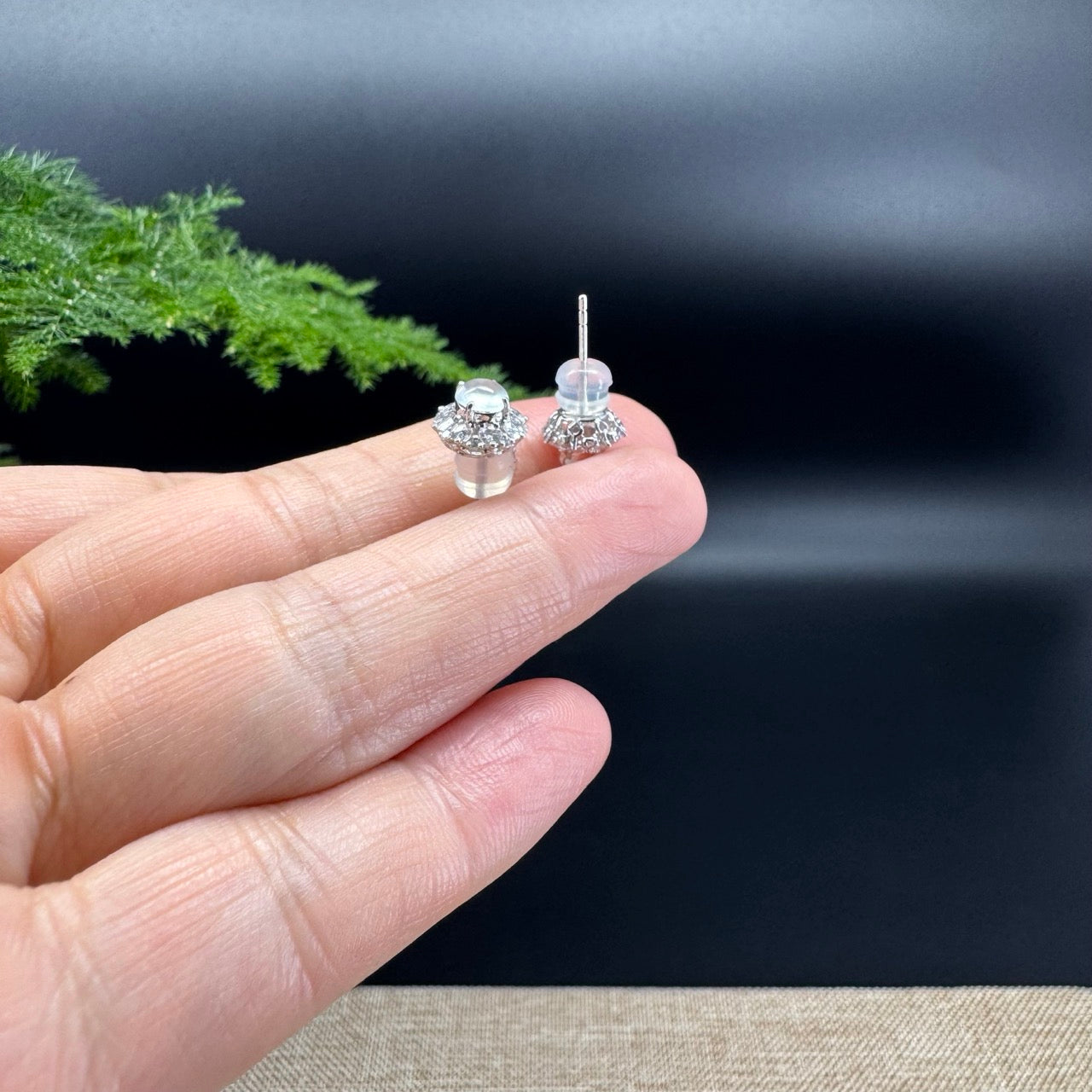 RealJade® 18k White Gold Icy Jadeite Jade Stud Earrings With Diamonds