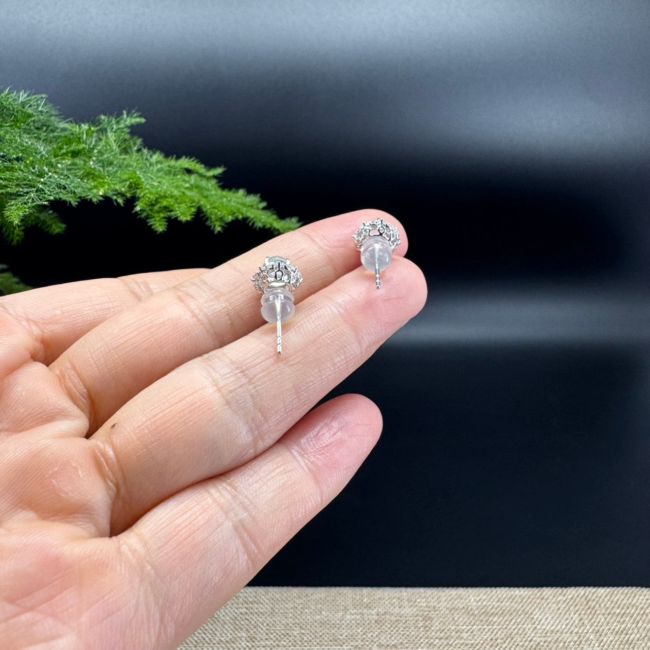 RealJade® 18k White Gold Icy Jadeite Jade Stud Earrings With Diamonds