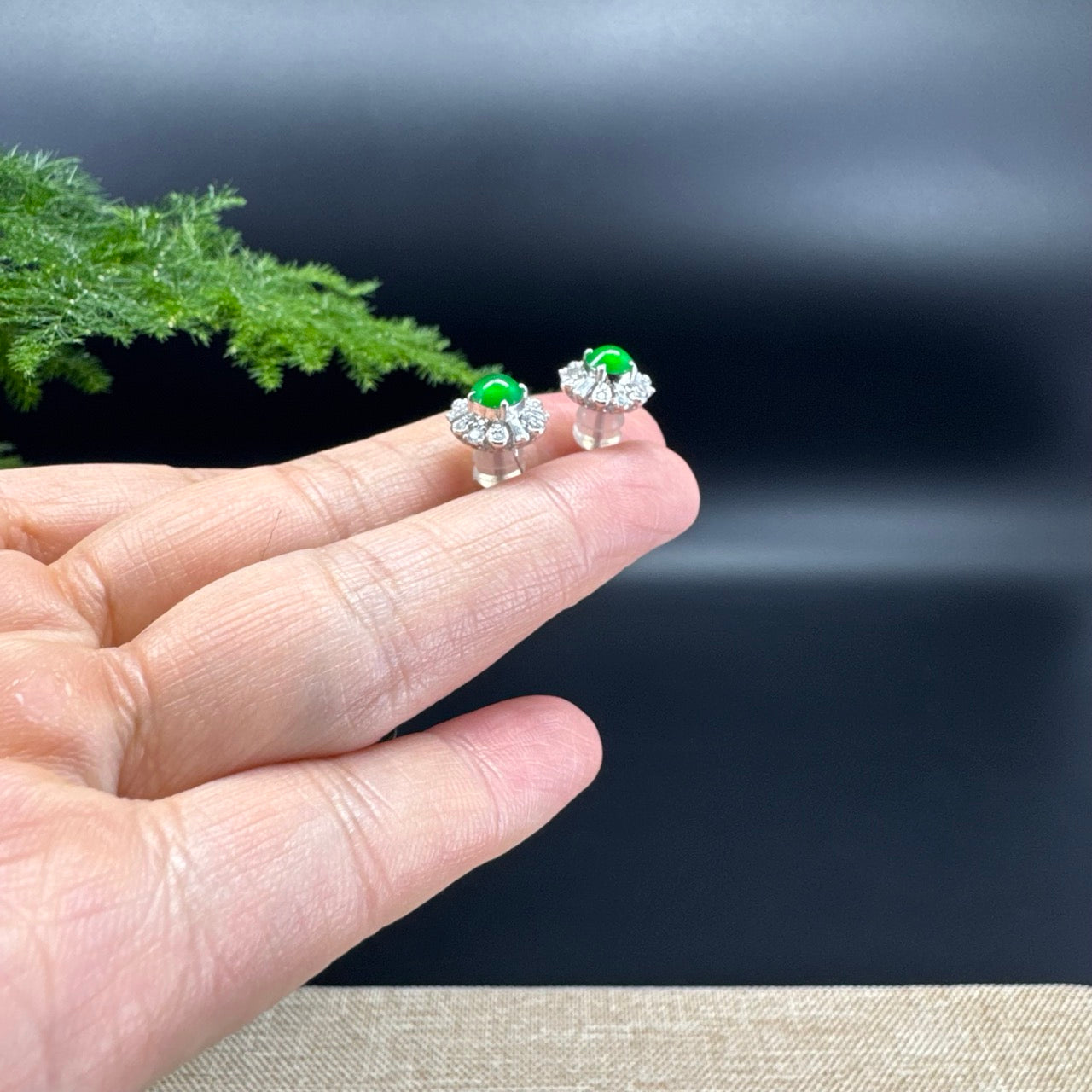 RealJade® 18k White Gold Imperial Green Jadeite Jade 'Daisy' Stud Earrings with Diamonds