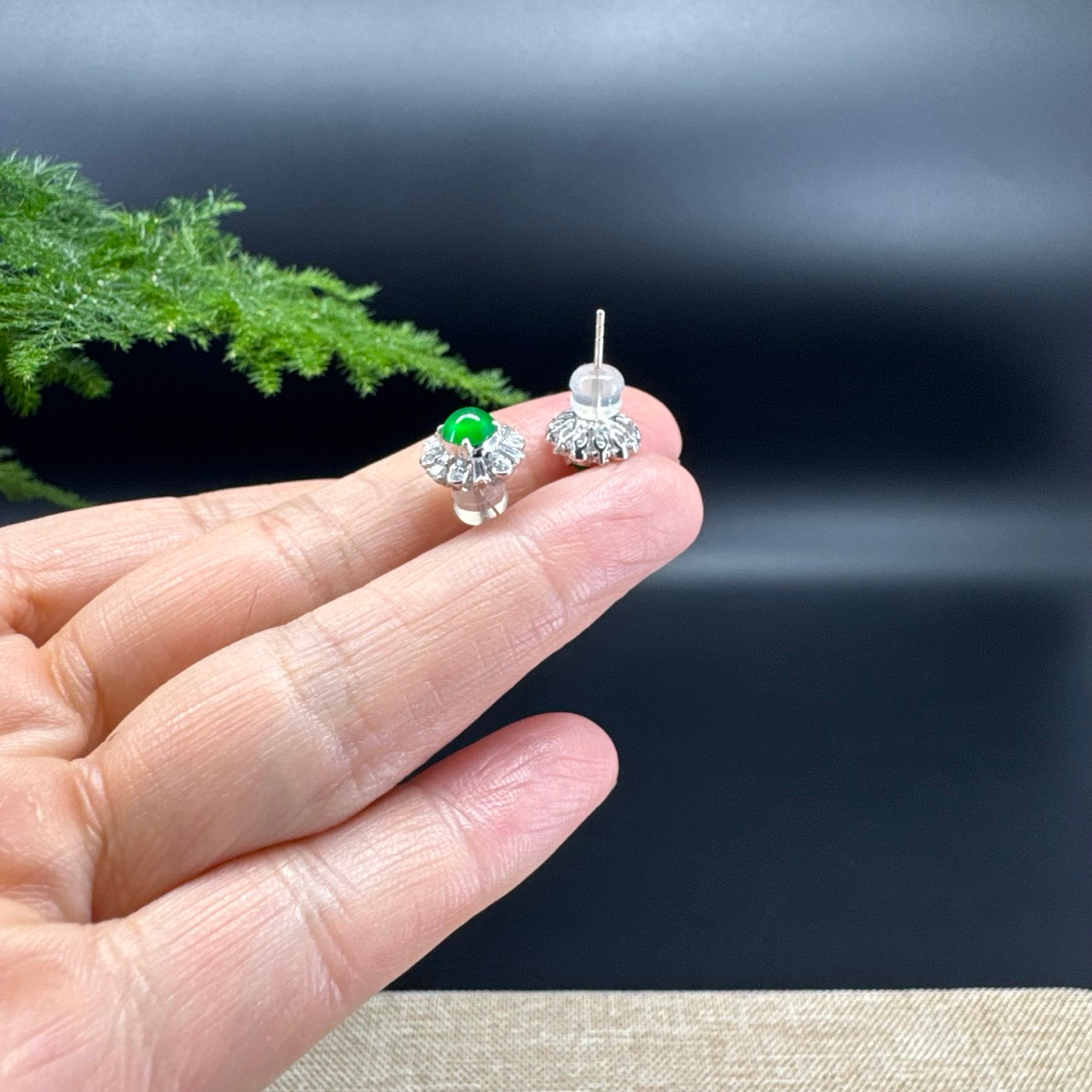 RealJade® 18k White Gold Imperial Green Jadeite Jade 'Daisy' Stud Earrings with Diamonds