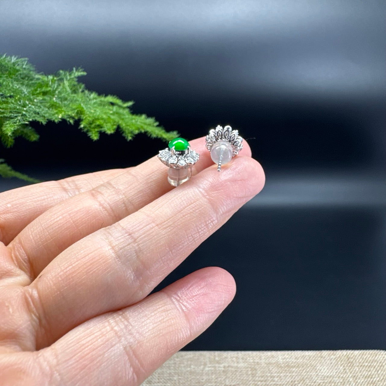 RealJade® 18k White Gold Imperial Green Jadeite Jade 'Daisy' Stud Earrings with Diamonds