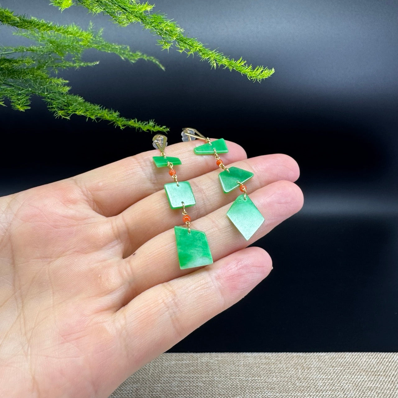 18k Yellow Gold Genuine Green Jadeite Jade Earrings