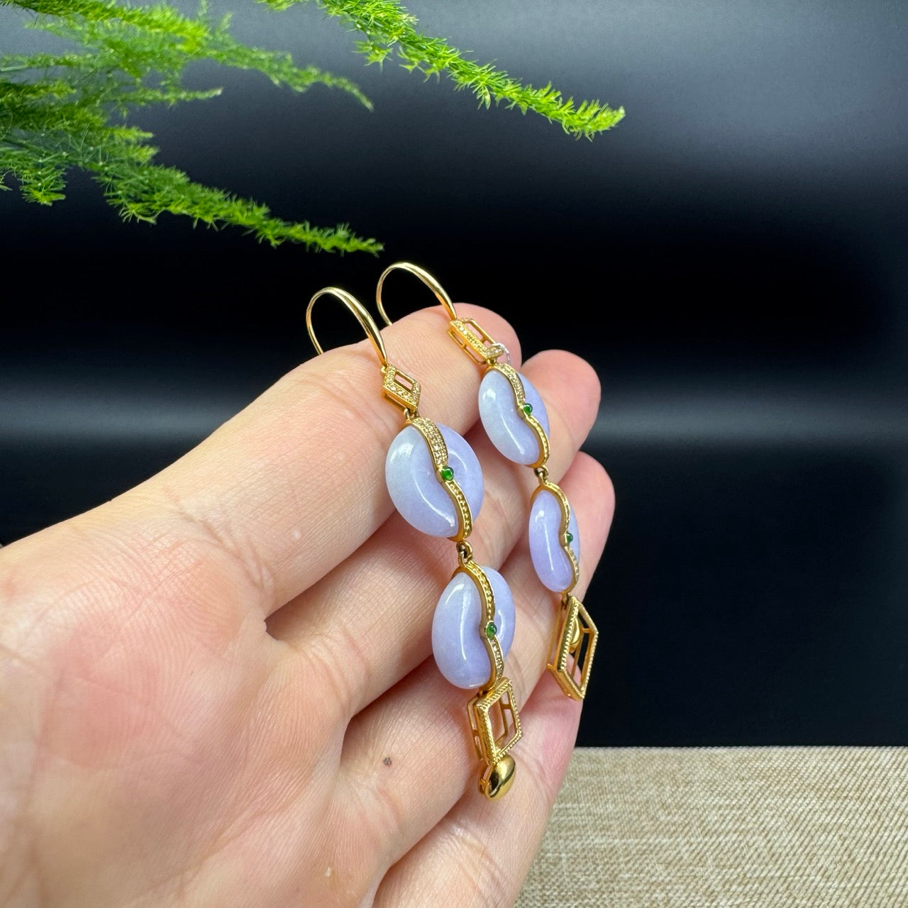 18k Yellow Gold Genuine Lavender KouKou Jadeite Jade Earrings With Diamonds