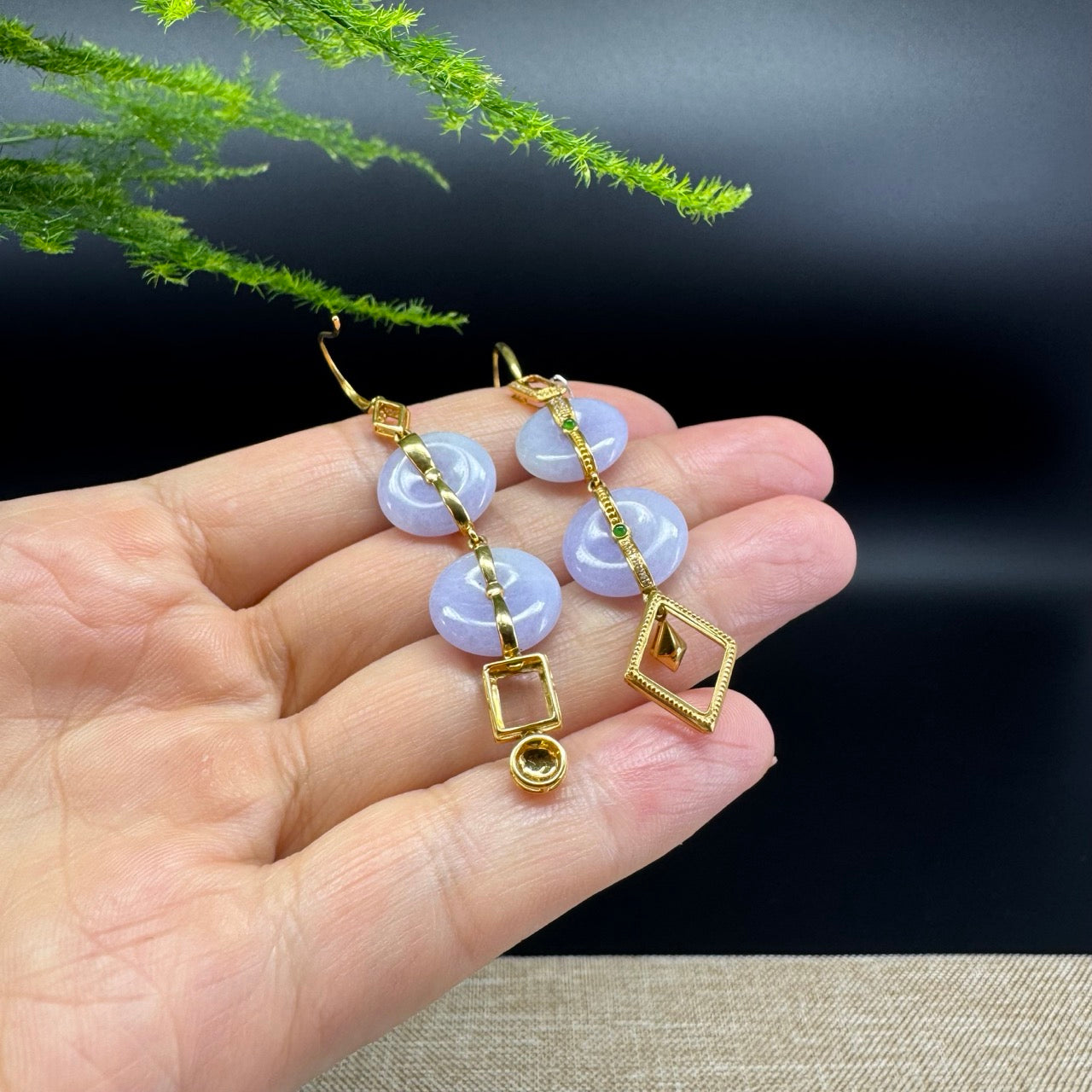 18k Yellow Gold Genuine Lavender KouKou Jadeite Jade Earrings With Diamonds