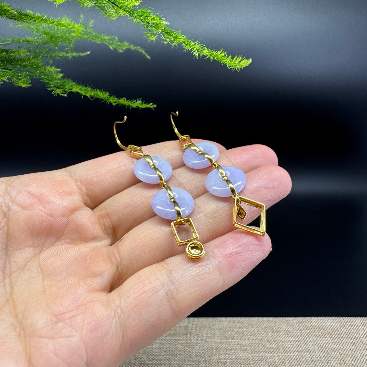 18k Yellow Gold Genuine Lavender KouKou Jadeite Jade Earrings With Diamonds