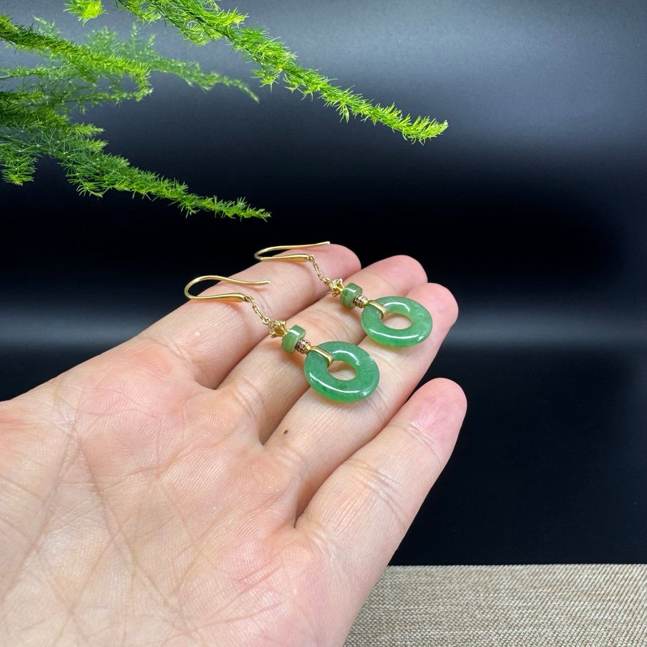 18k Yellow Gold Genuine Imperial Green KouKou Jadeite Jade Earrings With Diamonds