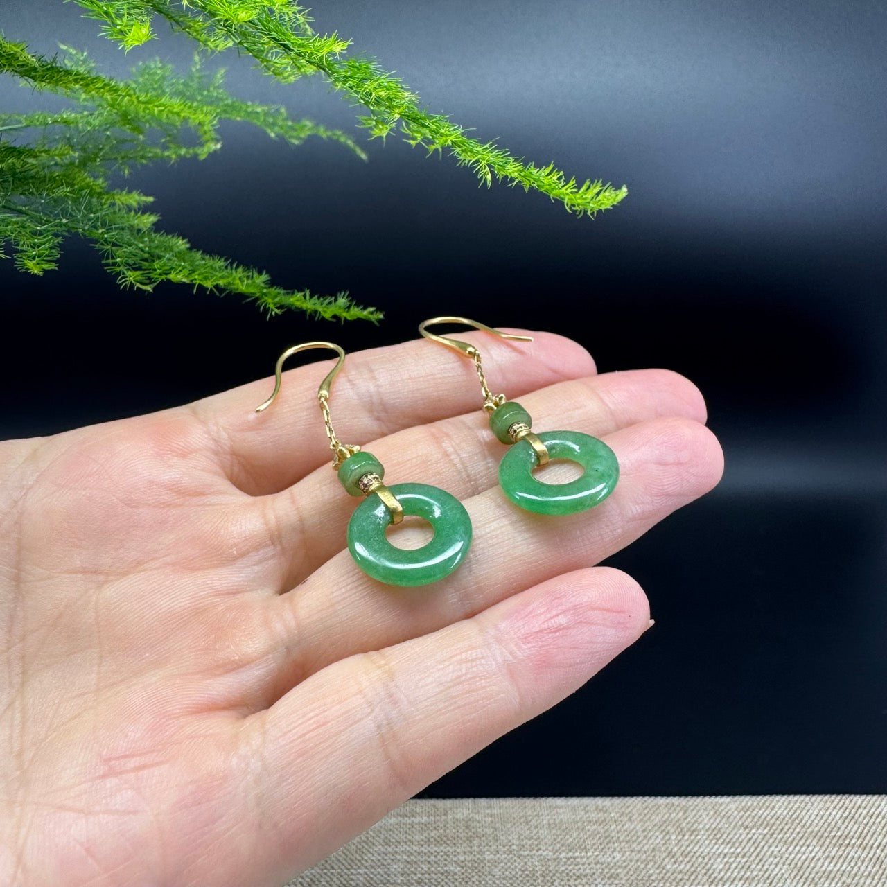 18k Yellow Gold Genuine Imperial Green KouKou Jadeite Jade Earrings With Diamonds