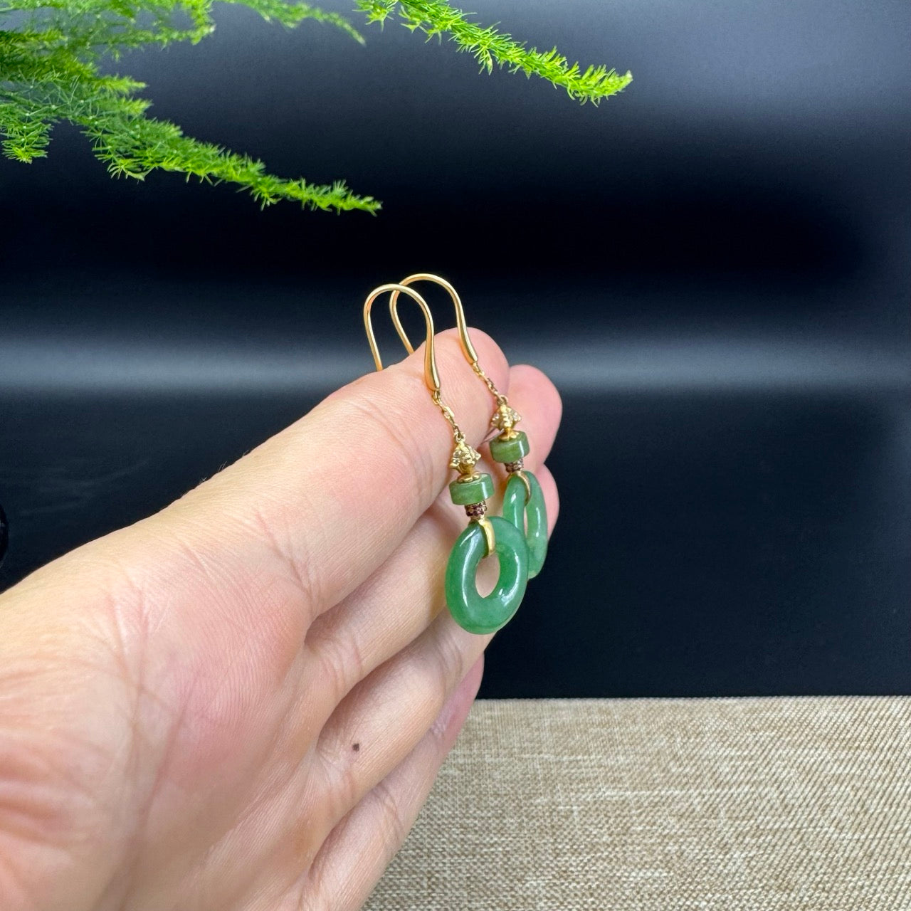 18k Yellow Gold Genuine Imperial Green KouKou Jadeite Jade Earrings With Diamonds