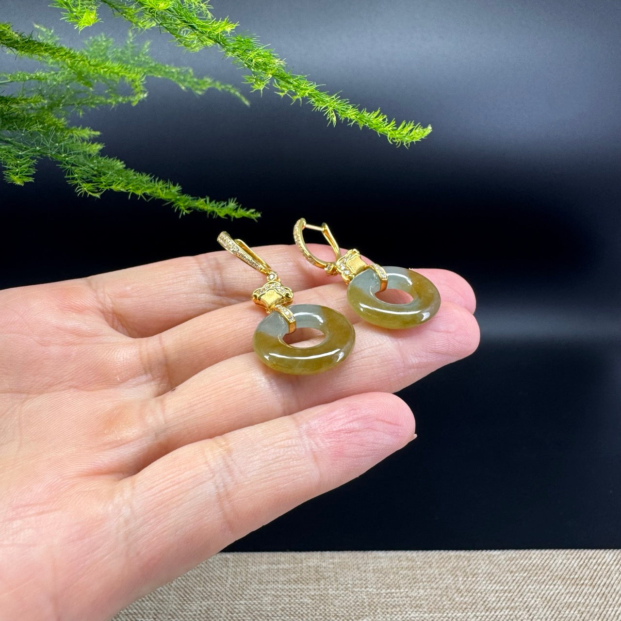 18k Yellow Gold Genuine Yellow Green KouKou Jadeite Jade Earrings With Diamonds