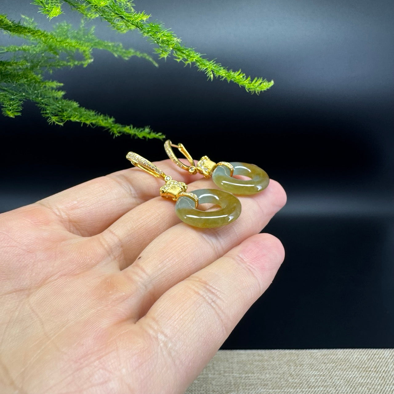 18k Yellow Gold Genuine Yellow Green KouKou Jadeite Jade Earrings With Diamonds