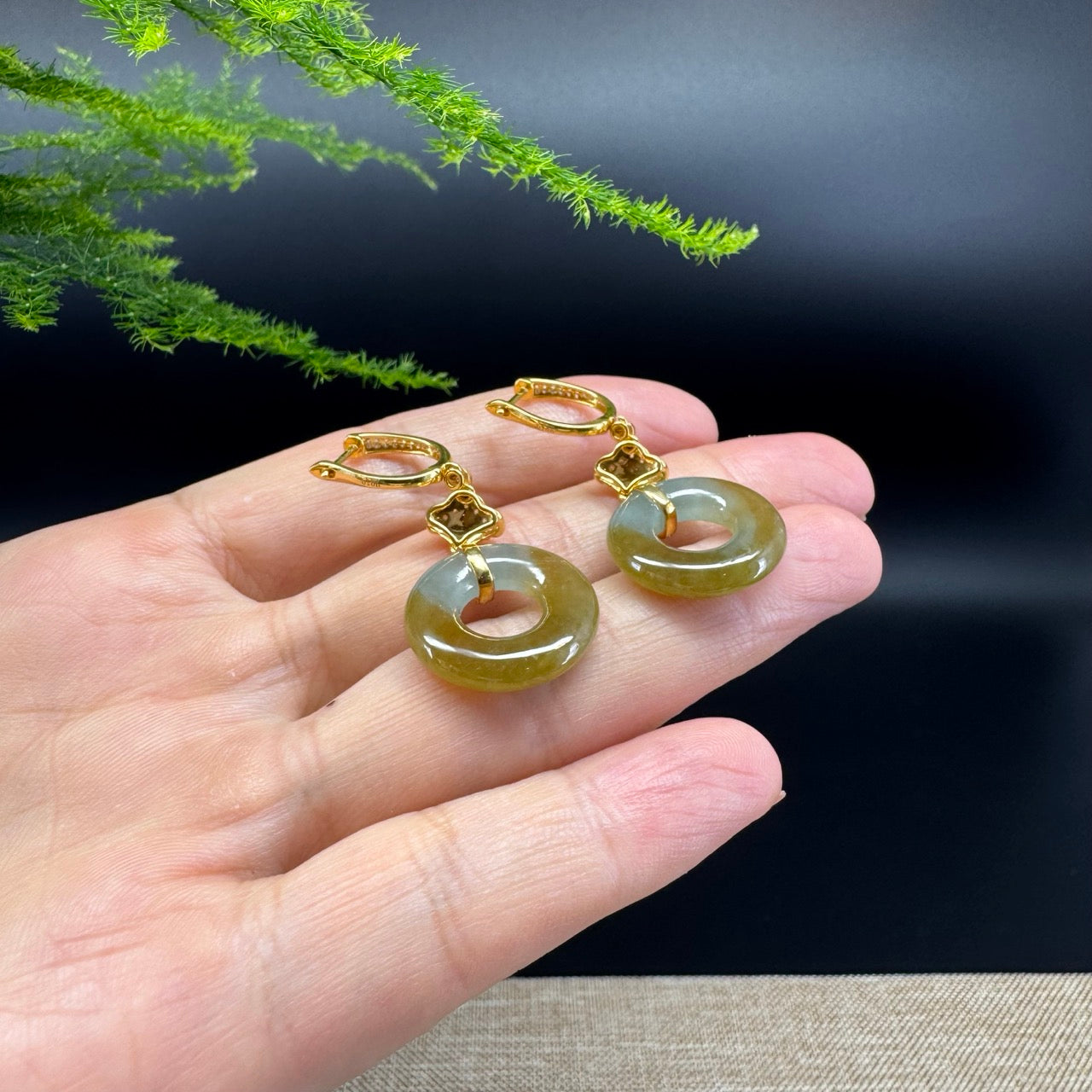 18k Yellow Gold Genuine Yellow Green KouKou Jadeite Jade Earrings With Diamonds