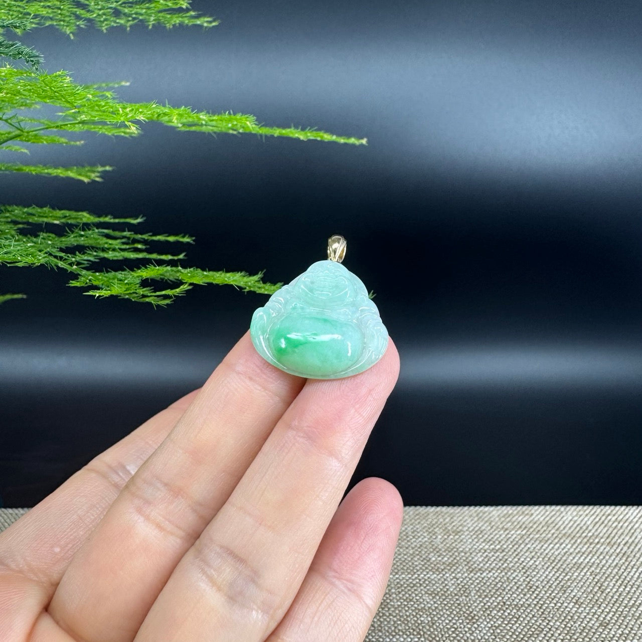 14K Yellow Gold Burmese Green Jadeite Jade Happy Buddha Pendant