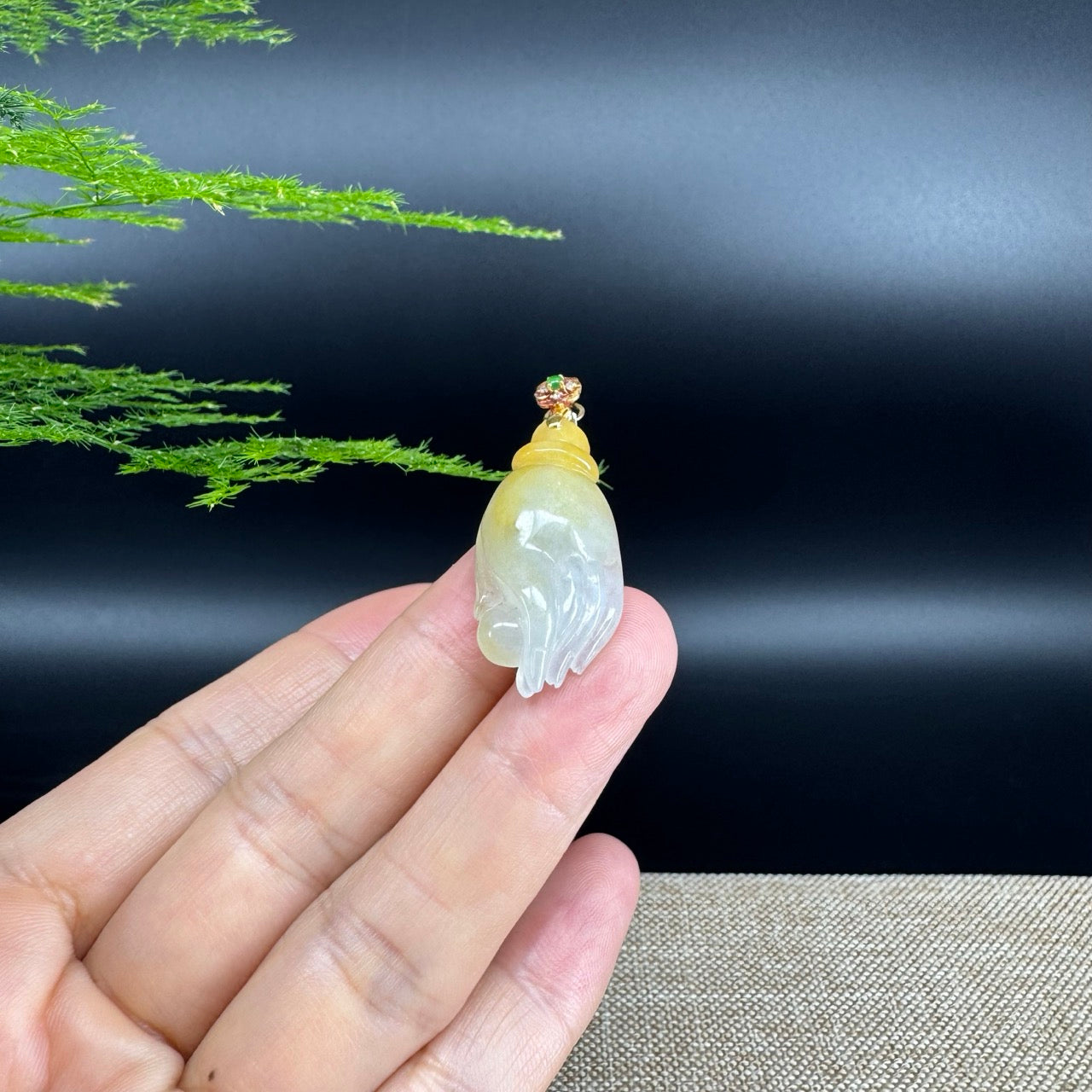 18K Yellow Gold Burmese Icy Yellow Jadeite Jade Happy Buddha Hand Pendant