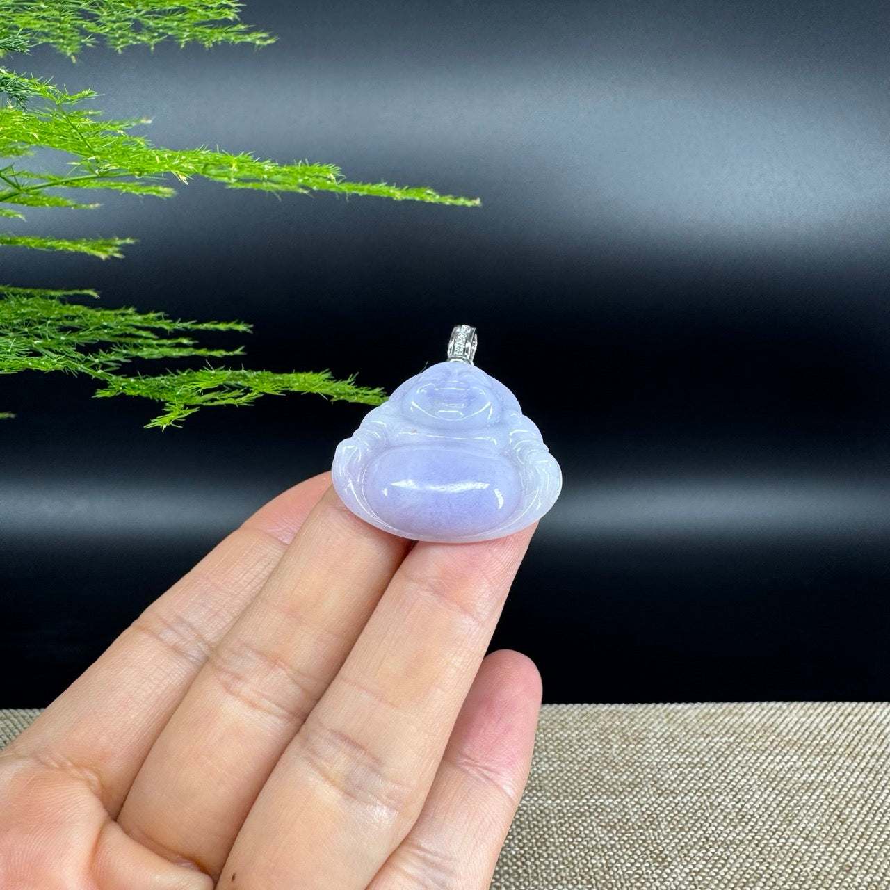 14K White Gold Burmese Lavender Jadeite Jade Happy Buddha Pendant with Diamond