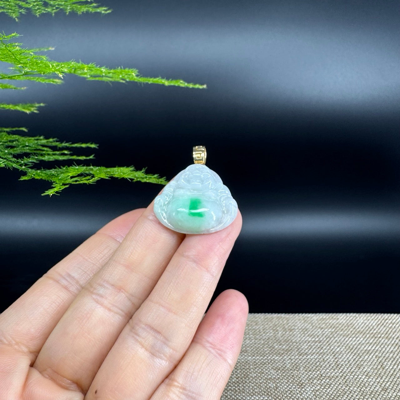 14K Yellow Gold Burmese White Green Jadeite Jade Happy Buddha Pendant
