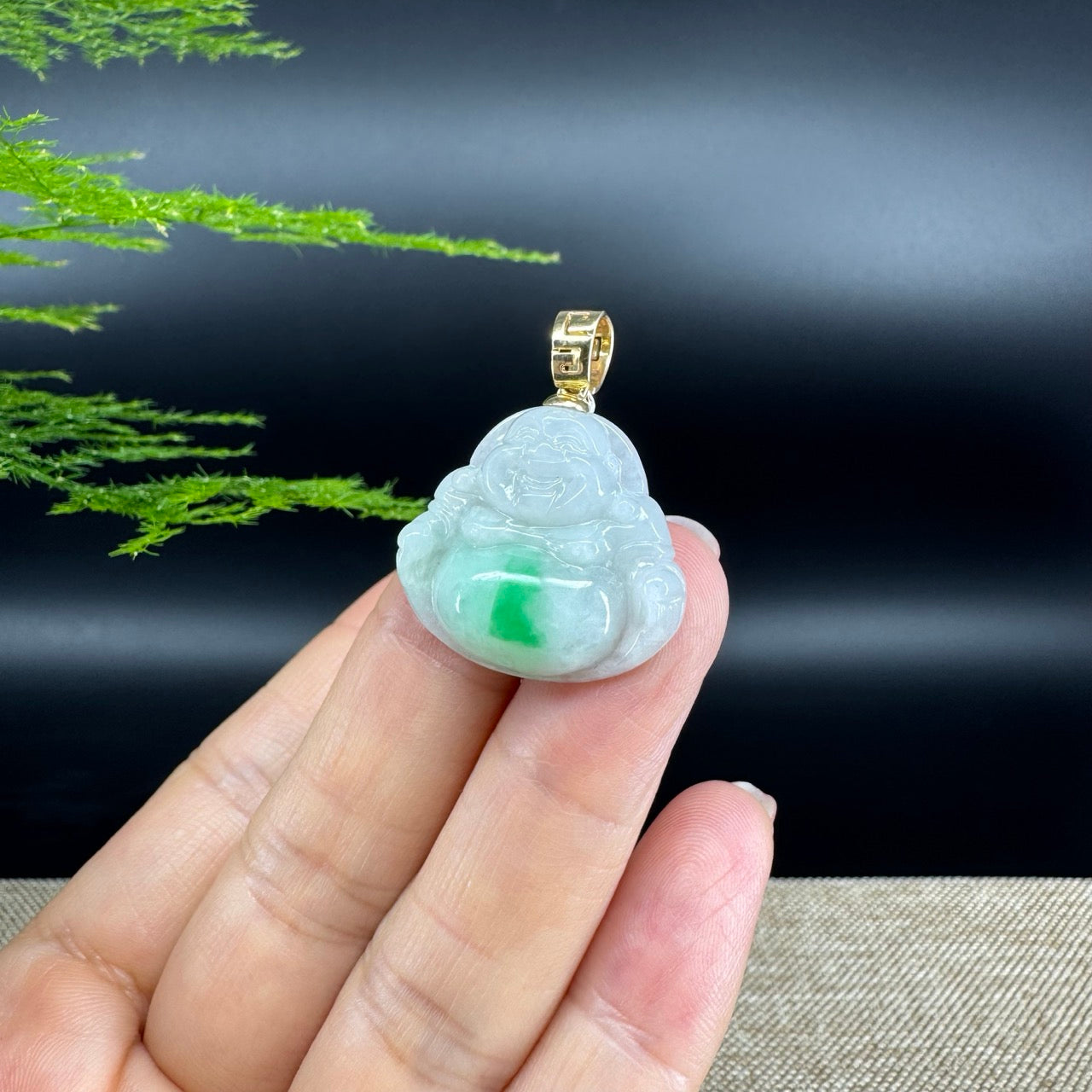 14K Yellow Gold Burmese White Green Jadeite Jade Happy Buddha Pendant