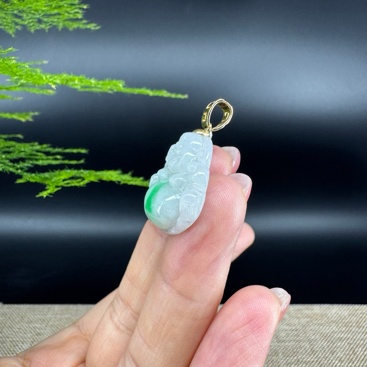 14K Yellow Gold Burmese White Green Jadeite Jade Happy Buddha Pendant