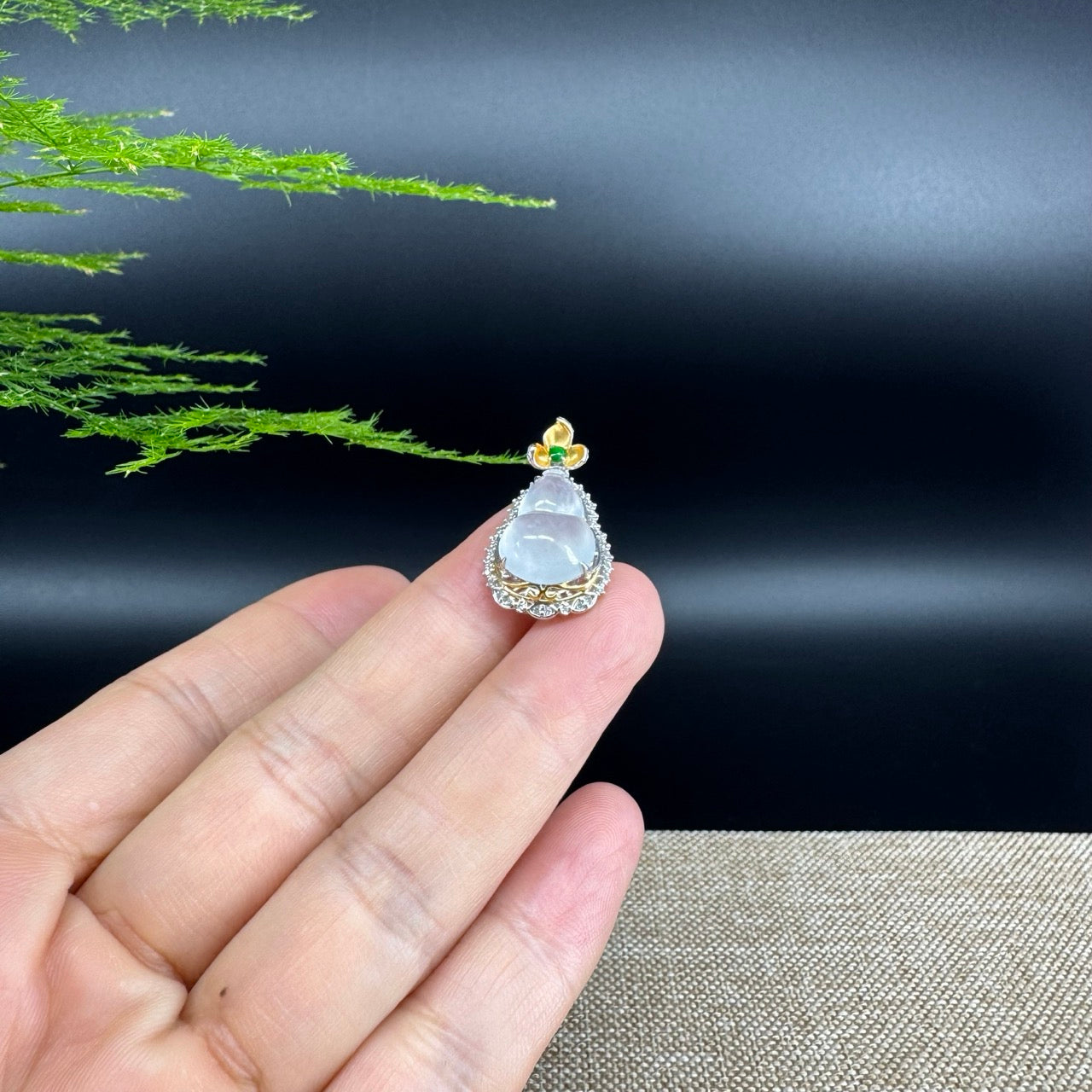 RealJade® Co. Genuine Icy Jadeite Jade Good Luck Hulu Bottle Gourd Necklace With 18K White & Yellow Gold Bail