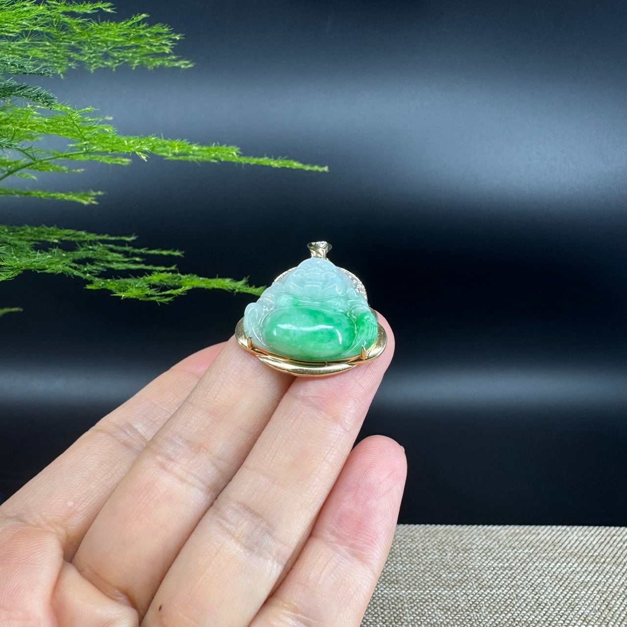 14K Yellow Gold Burmese Green Jadeite Jade Happy Buddha Pendant With Diamonds