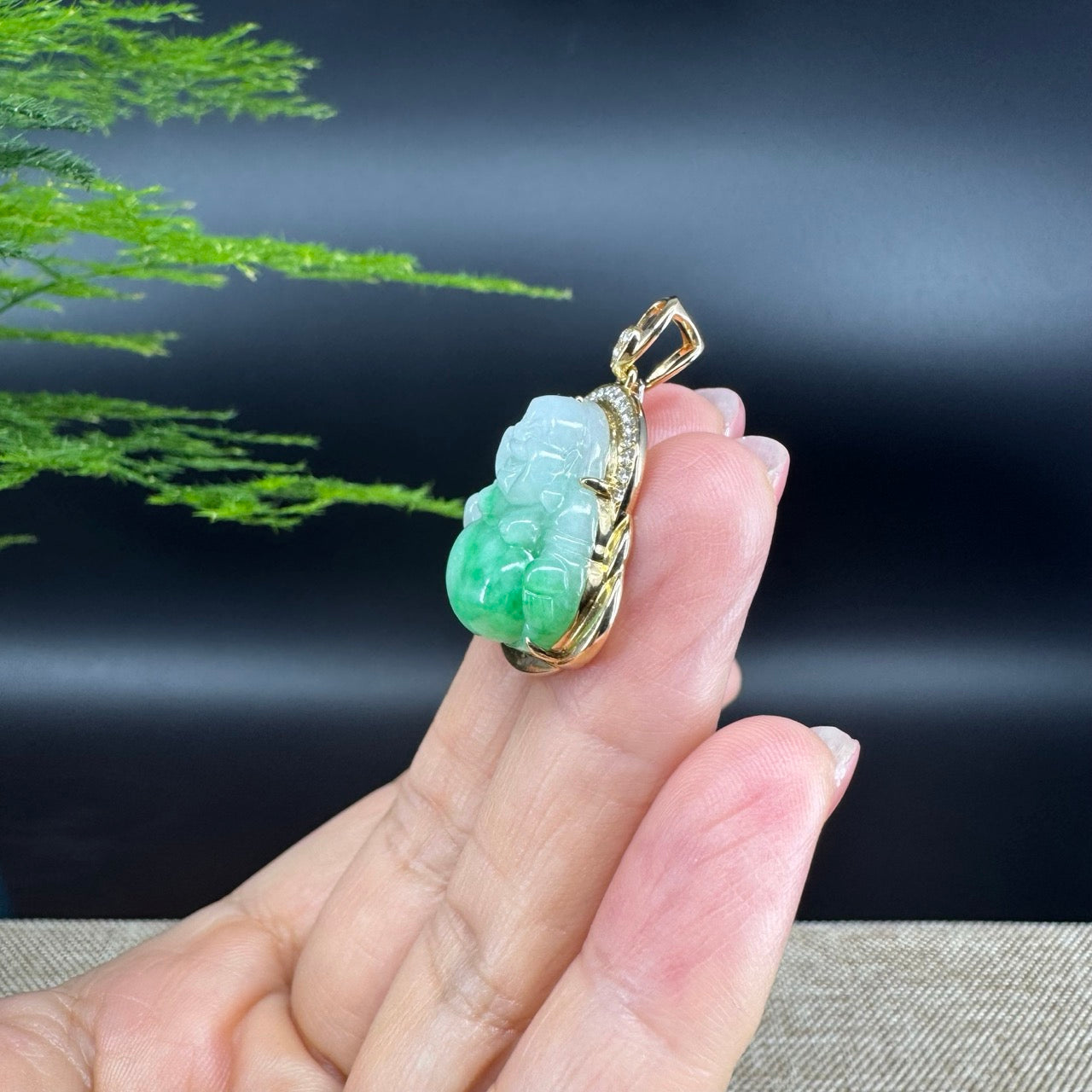 14K Yellow Gold Burmese Green Jadeite Jade Happy Buddha Pendant With Diamonds