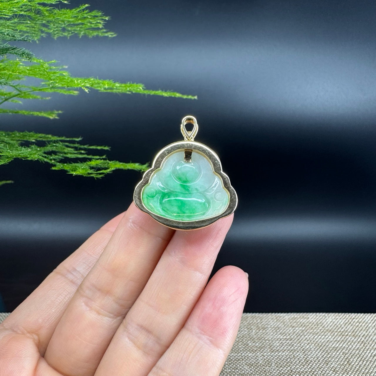 14K Yellow Gold Burmese Green Jadeite Jade Happy Buddha Pendant With Diamonds