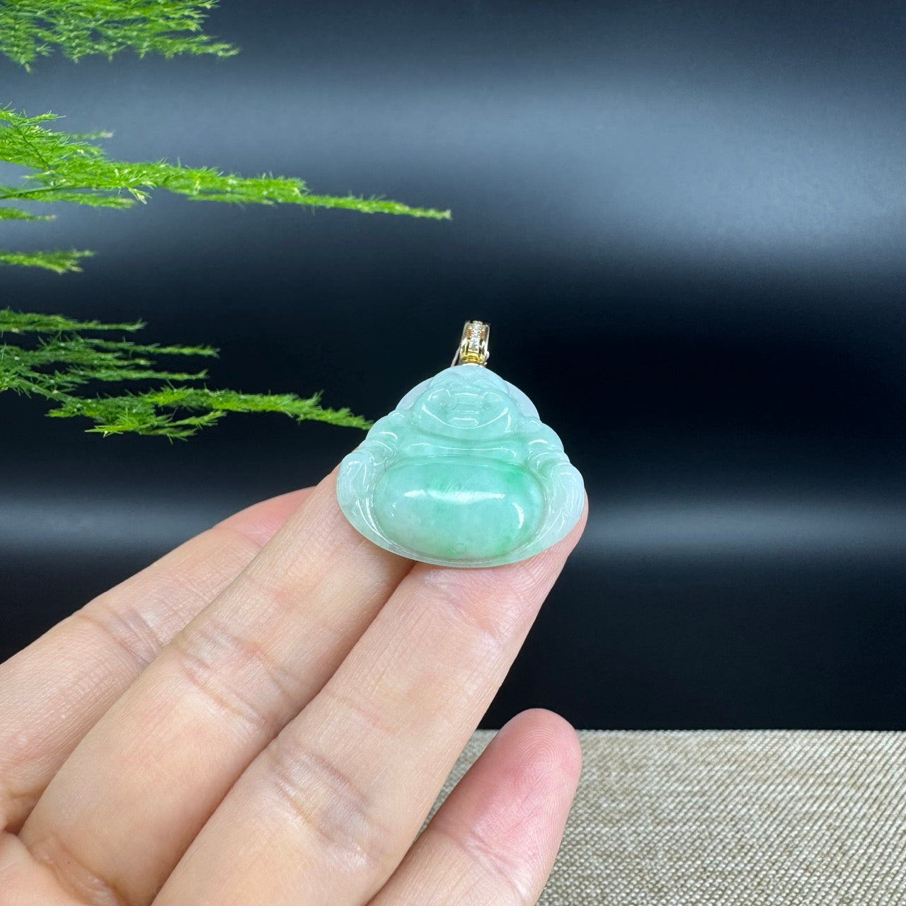 14K Yellow Gold Burmese Green Jadeite Jade Happy Buddha Pendant