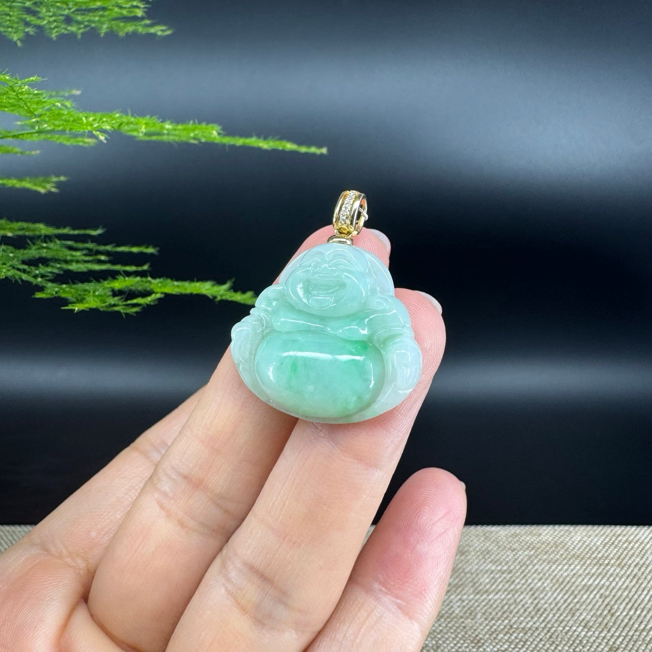 14K Yellow Gold Burmese Green Jadeite Jade Happy Buddha Pendant