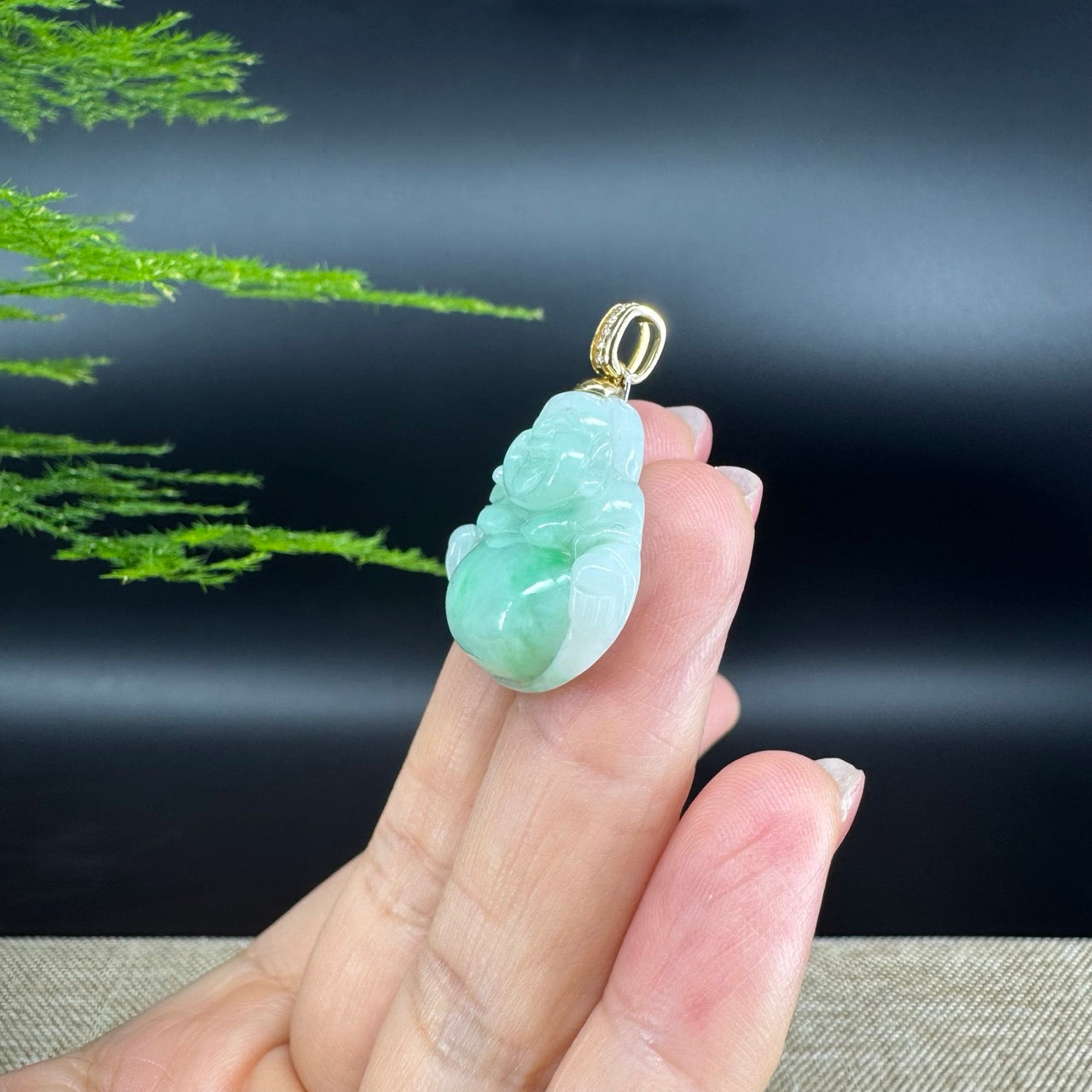 14K Yellow Gold Burmese Green Jadeite Jade Happy Buddha Pendant