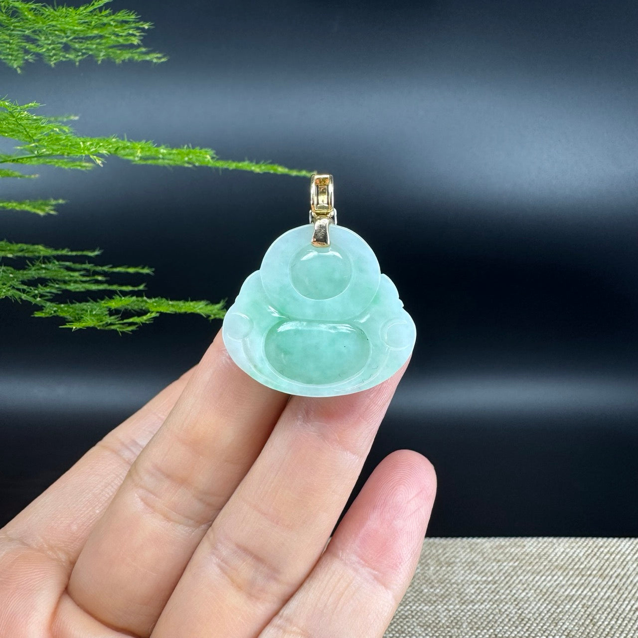 14K Yellow Gold Burmese Green Jadeite Jade Happy Buddha Pendant