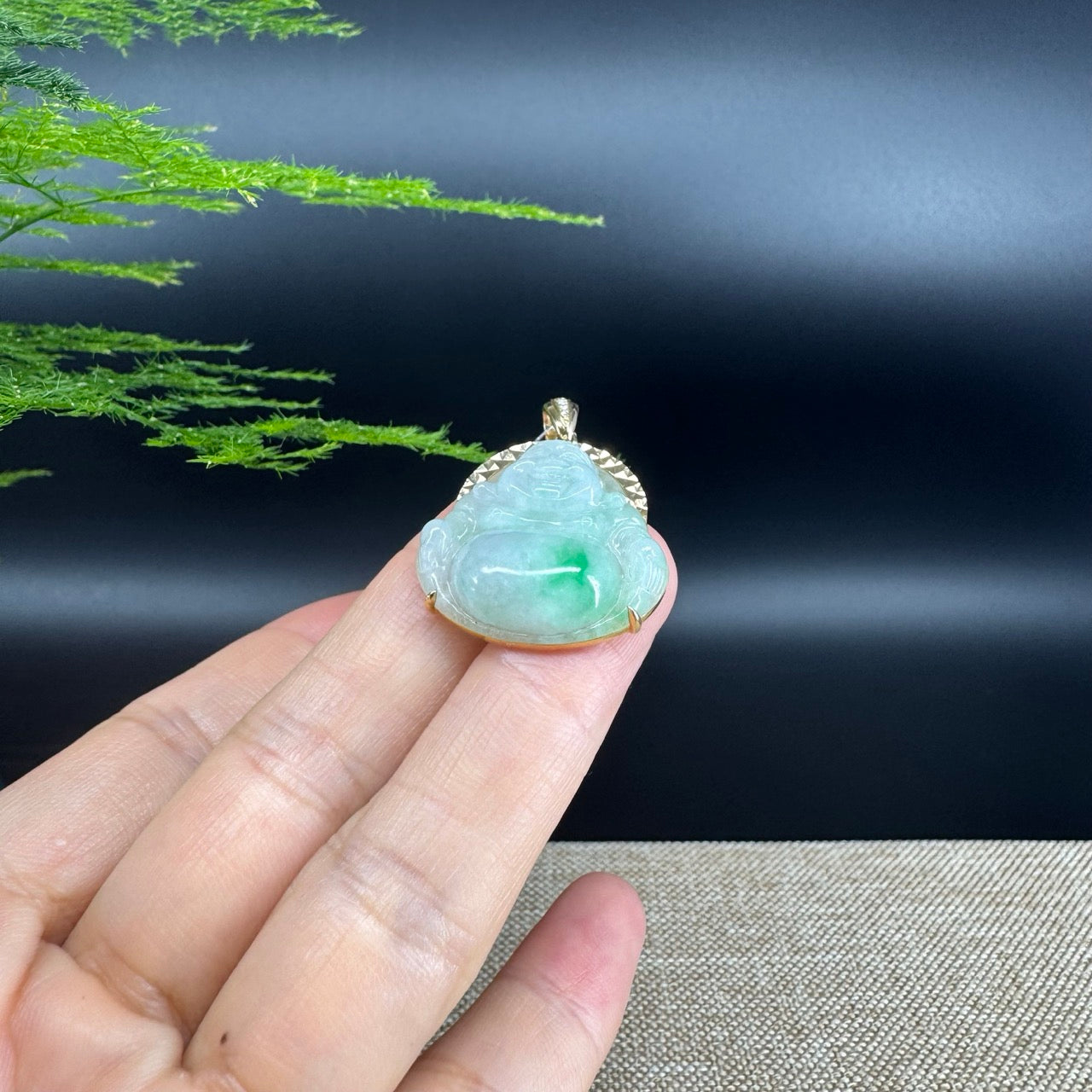 14K Yellow Gold Burmese Green Jadeite Jade Happy Buddha Pendant