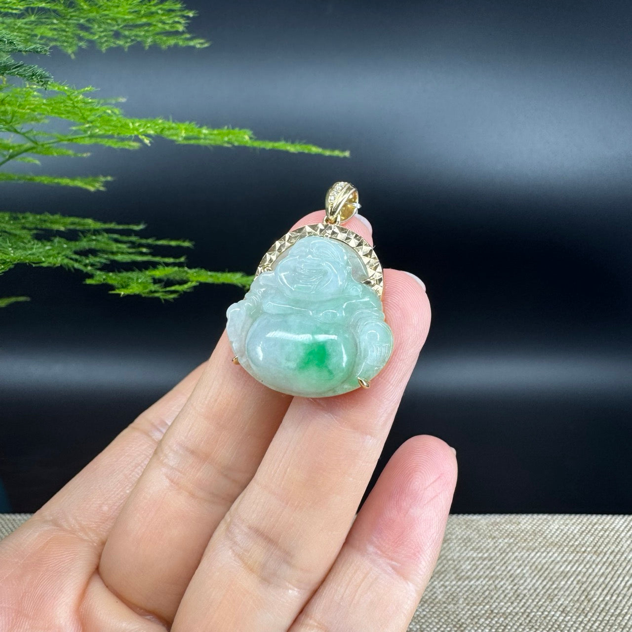 14K Yellow Gold Burmese Green Jadeite Jade Happy Buddha Pendant