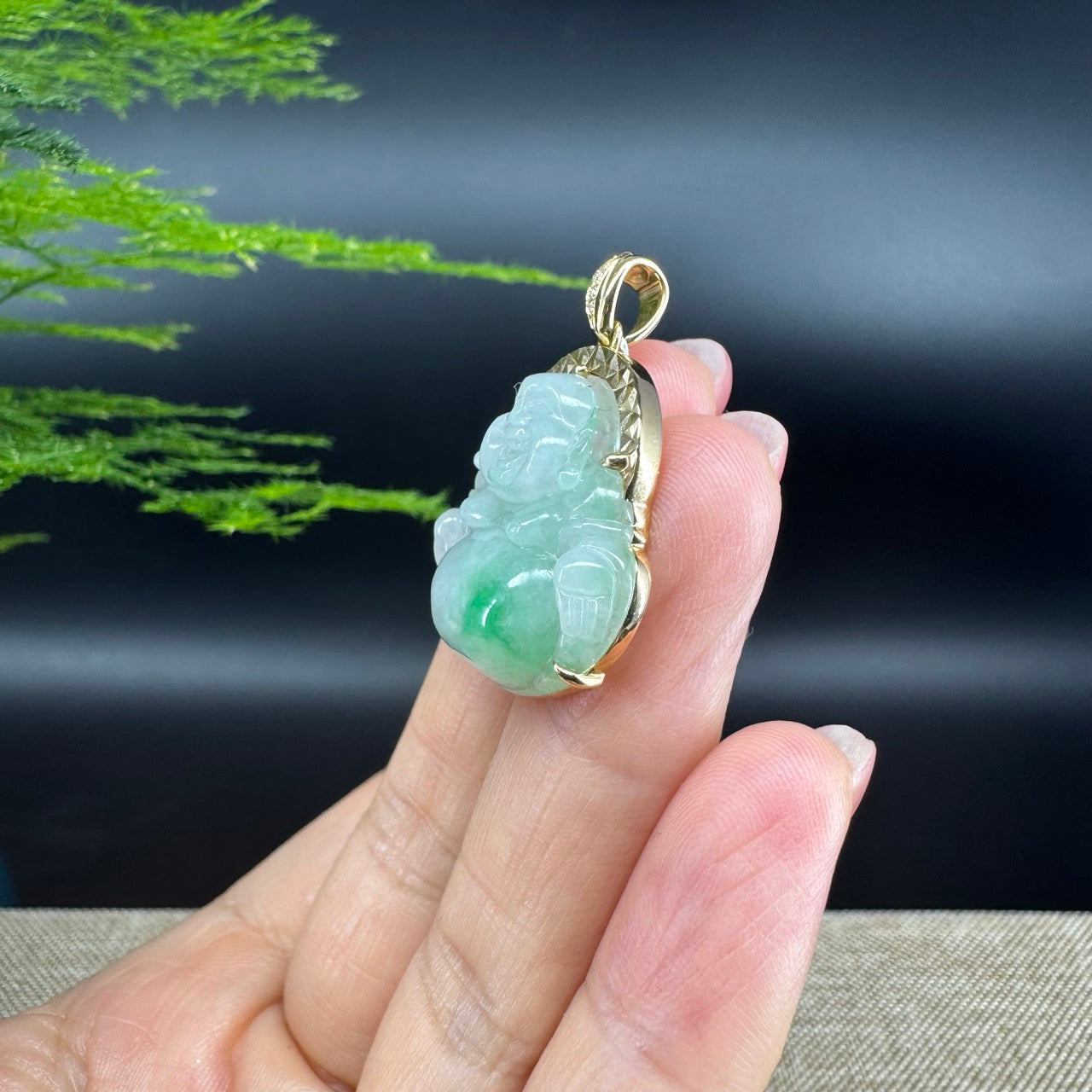 14K Yellow Gold Burmese Green Jadeite Jade Happy Buddha Pendant